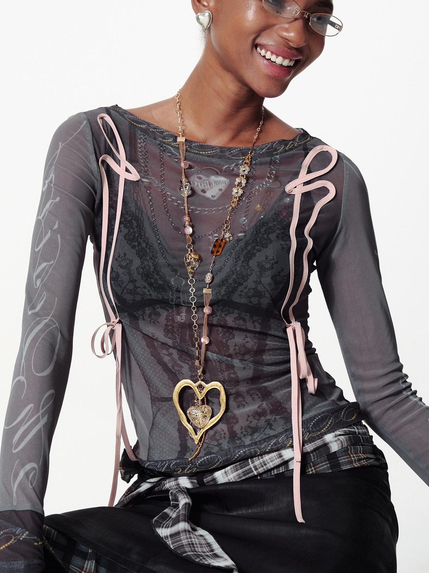 2th Desire Lace Mesh Neckline Printed Sheer Sunshade Long Sleeve T-Shirt