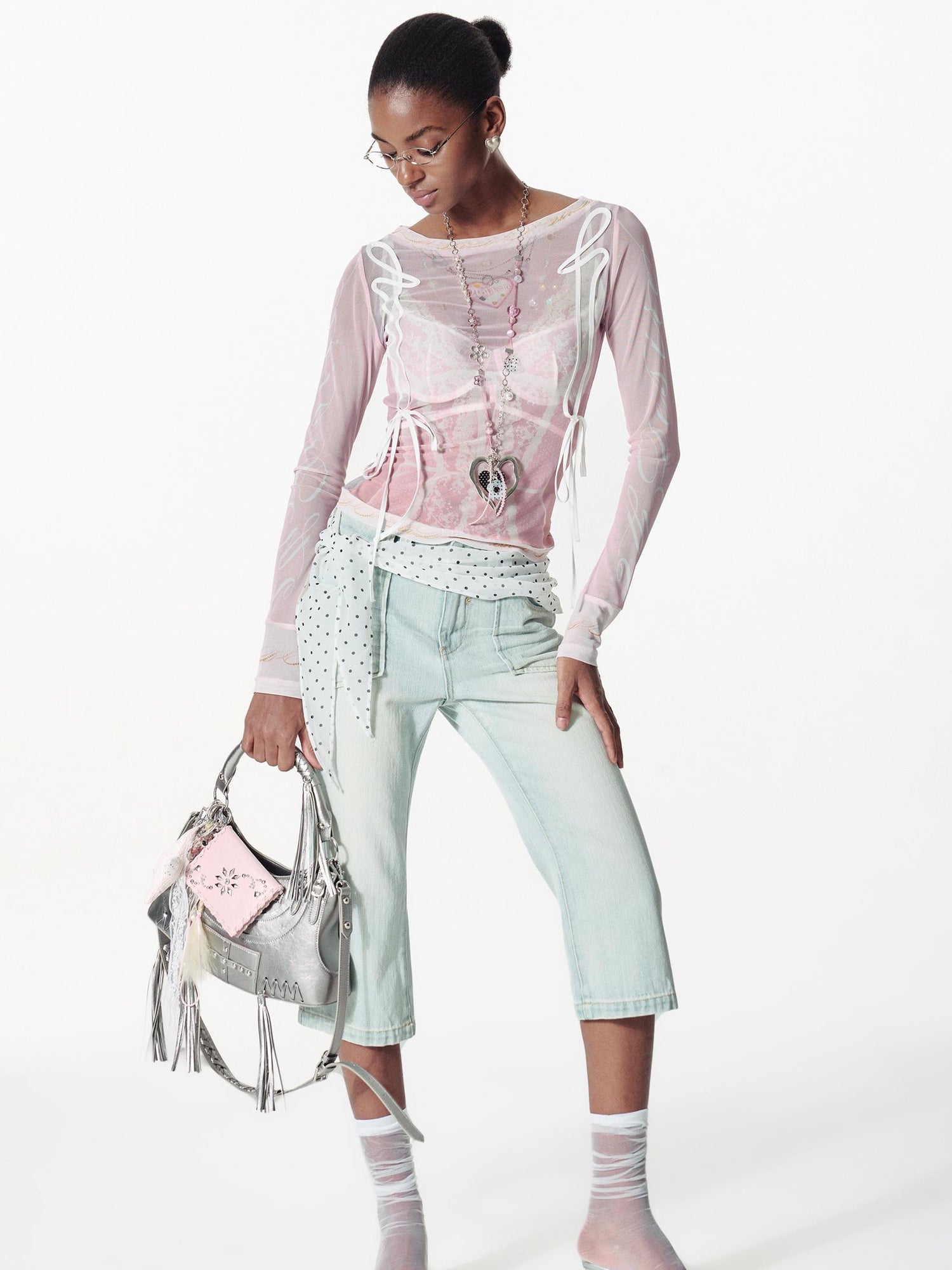 2th Desire Lace Mesh Neckline Printed Sheer Sunshade Long Sleeve T-Shirt