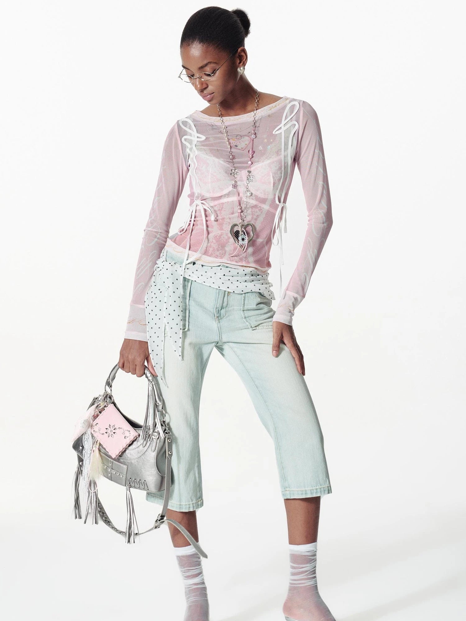 Lace Mesh Neckline Printed Sheer Sunshade Long Sleeve T-Shirt