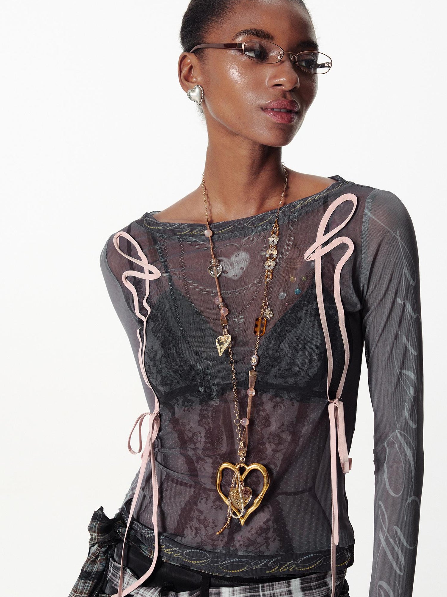 2th Desire Lace Mesh Neckline Printed Sheer Sunshade Long Sleeve T-Shirt