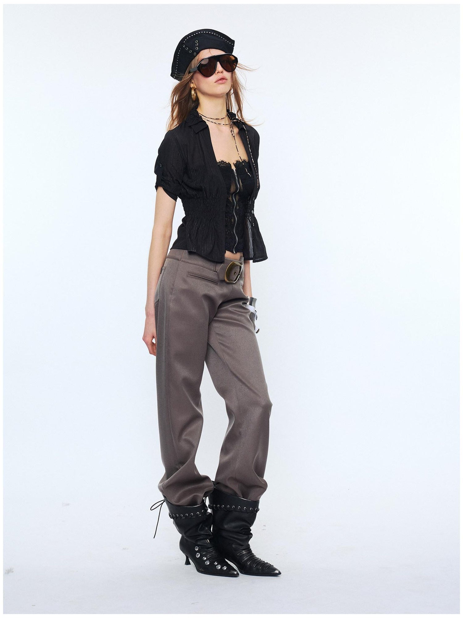 2th Desire Lace Punk Slim Fit V-neck Crop Cardigan Short Sleeve Waist Black Blouses