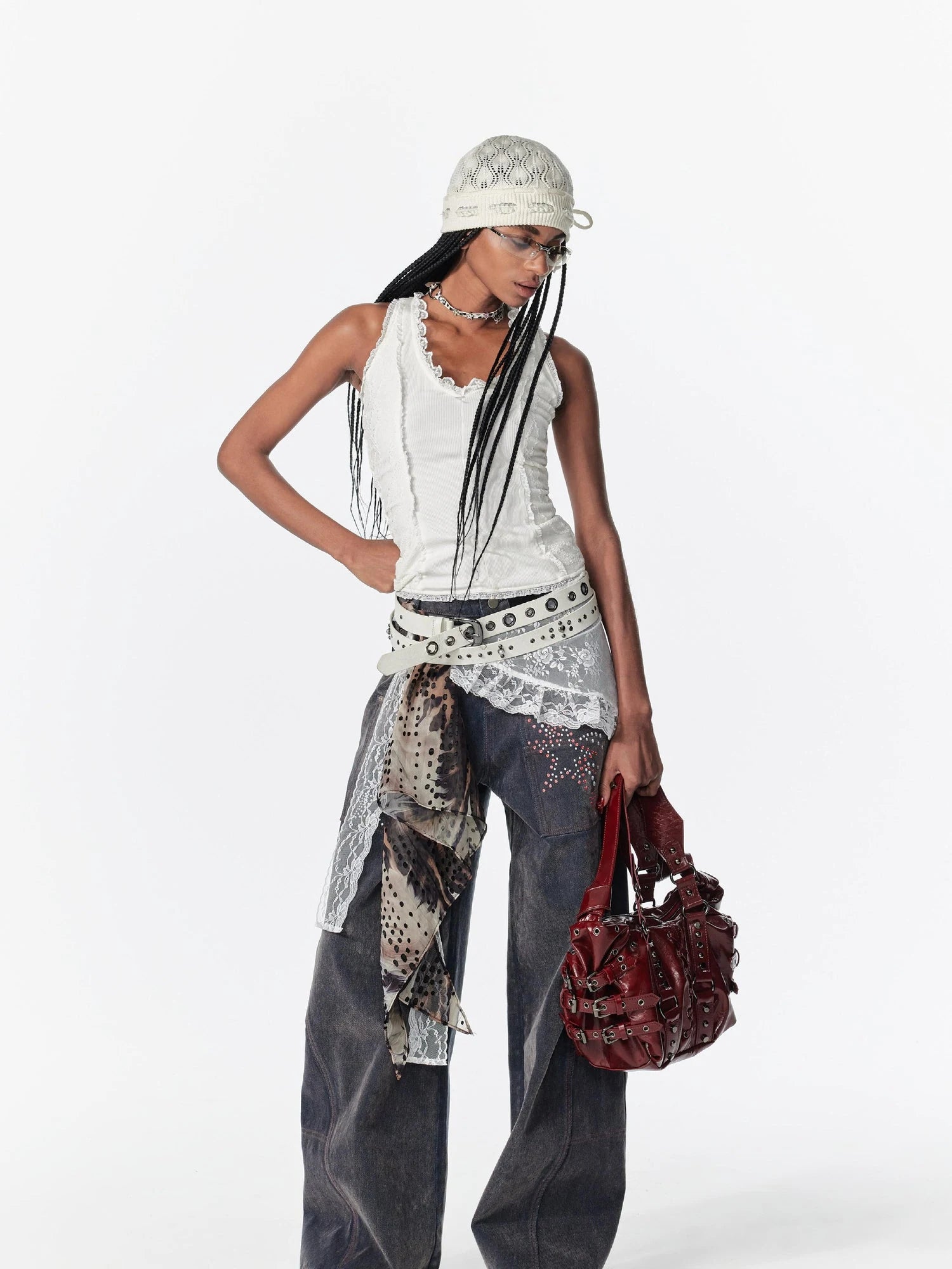 Lace Trimmed Layered Mesh Over Skirt With Ties