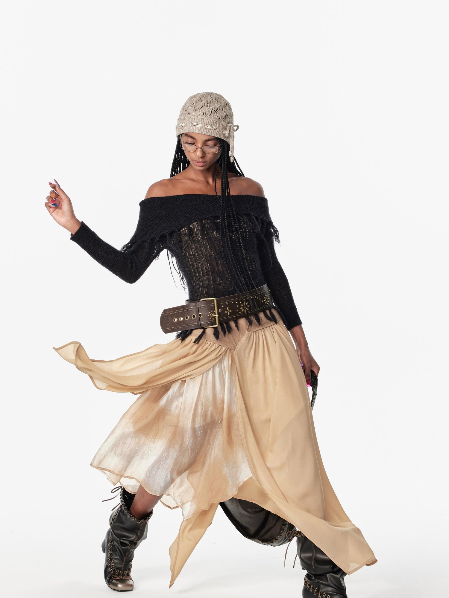 2th Desire Lace Up Crochet Sweater With Fringe Detail