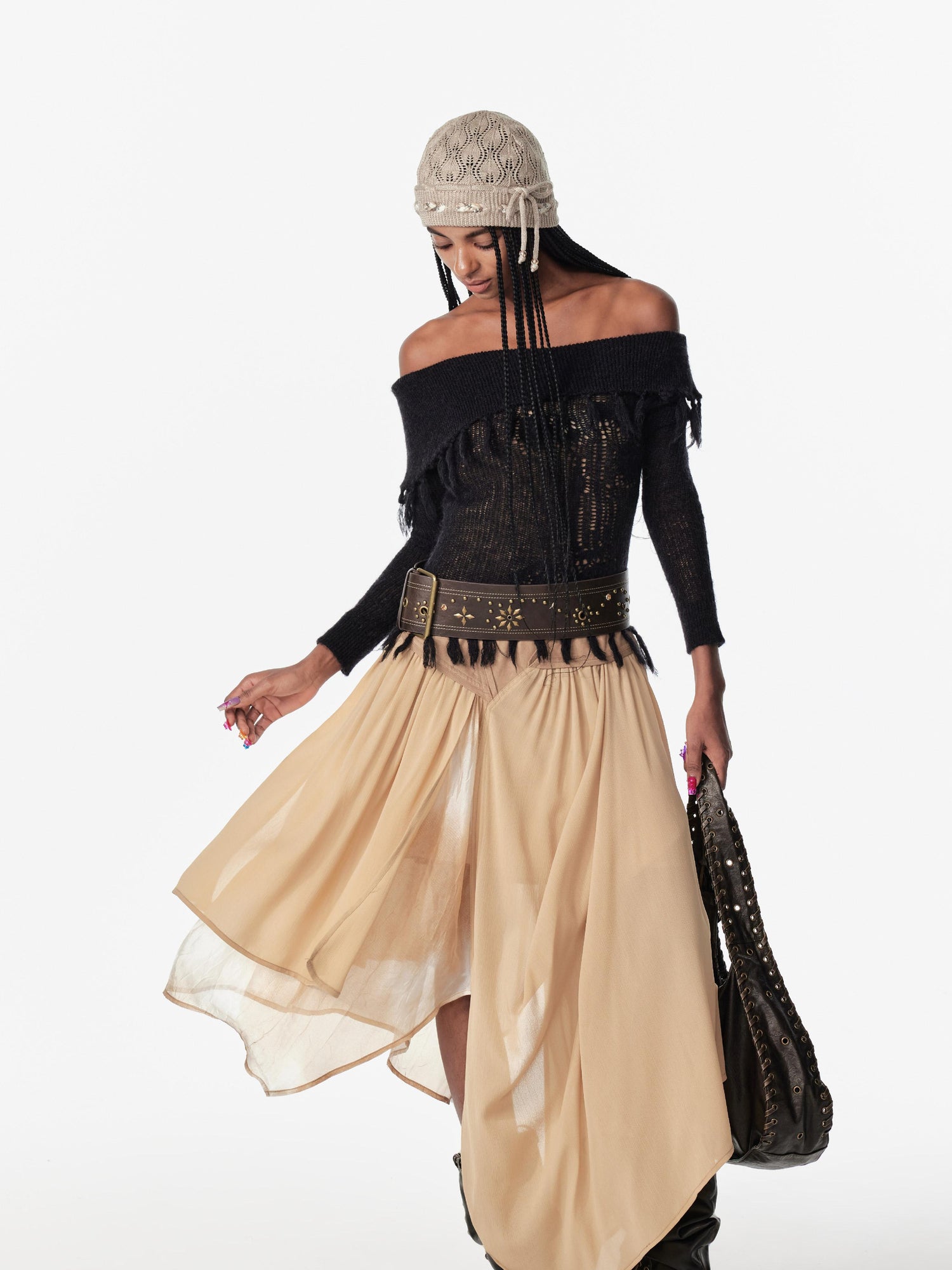 2th Desire Lace Up Crochet Sweater With Fringe Detail
