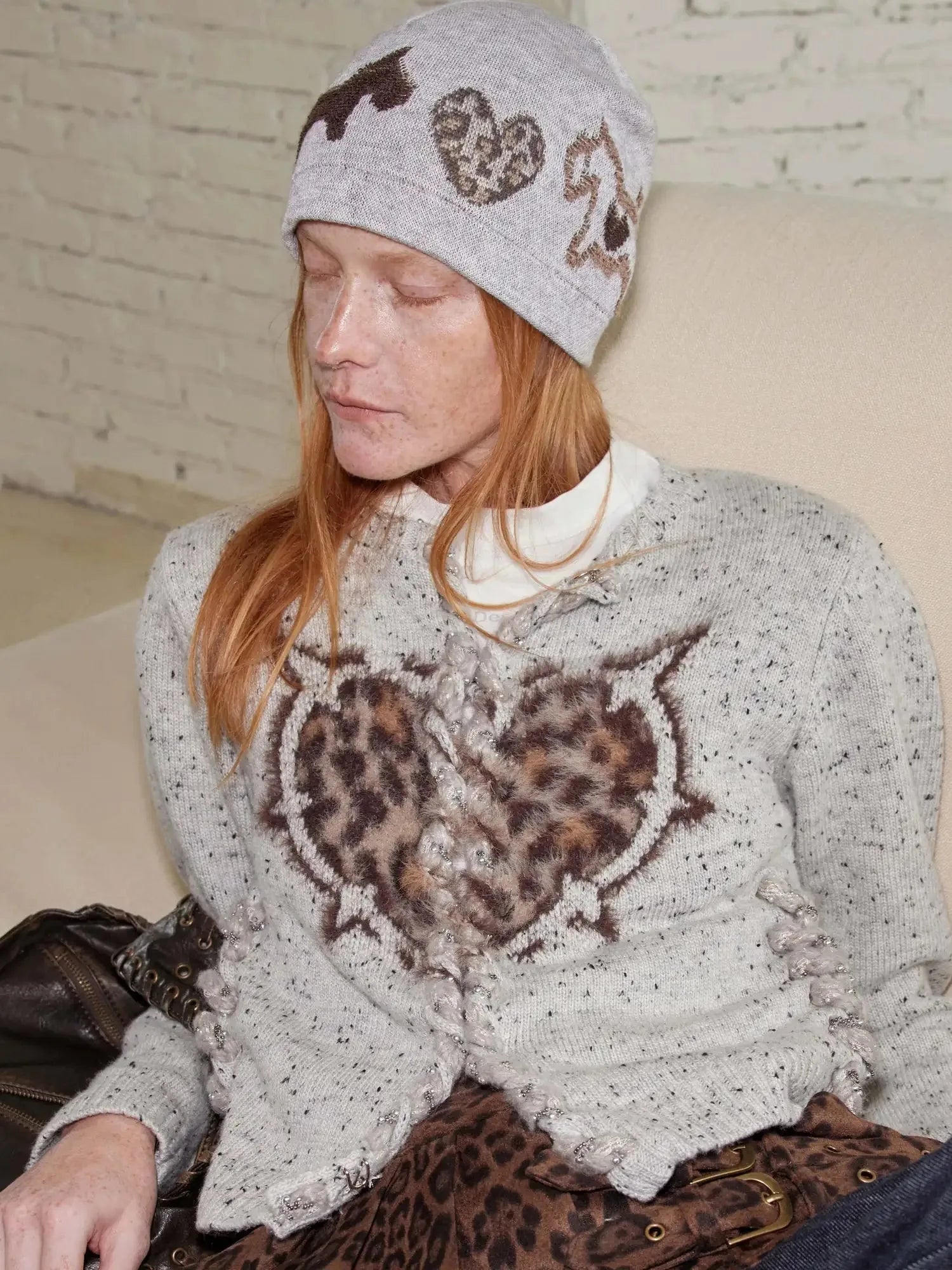 Leopard Print Wool Blend Knit Cardigan With Heart Details