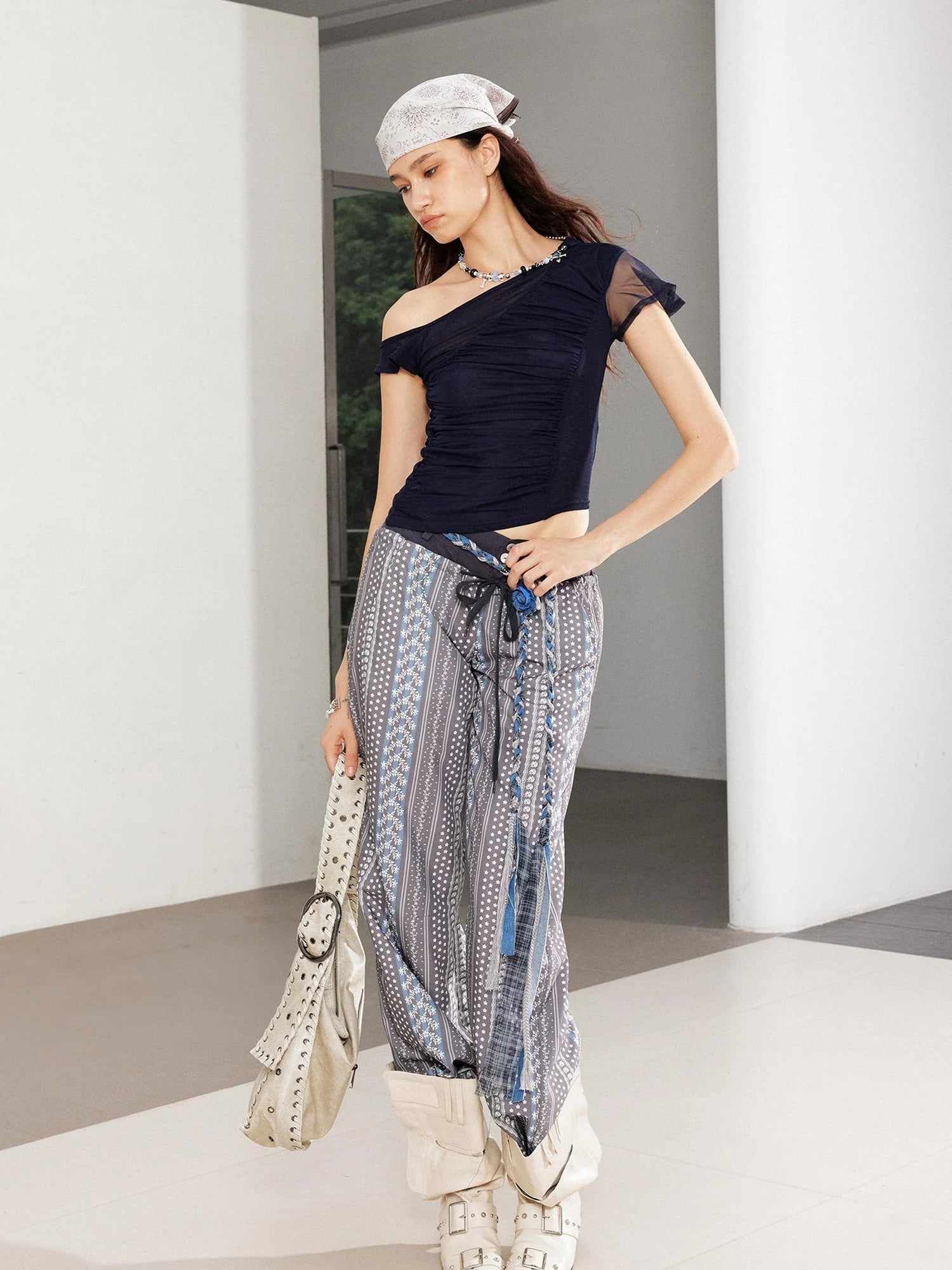 Linen Blend Print Paneled Low Waist Drawstring Wide Leg Pants