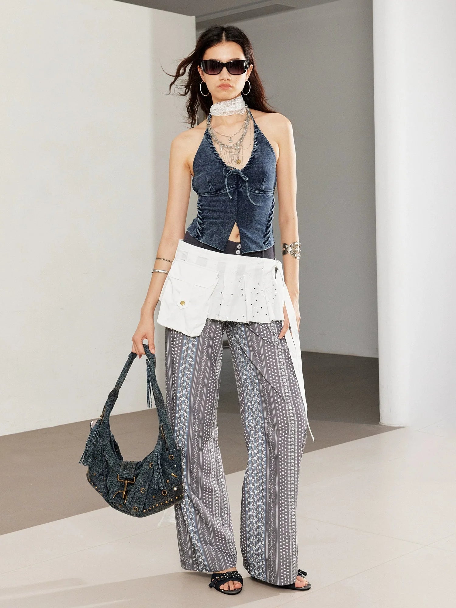 Linen Blend Print Paneled Low Waist Drawstring Wide Leg Pants