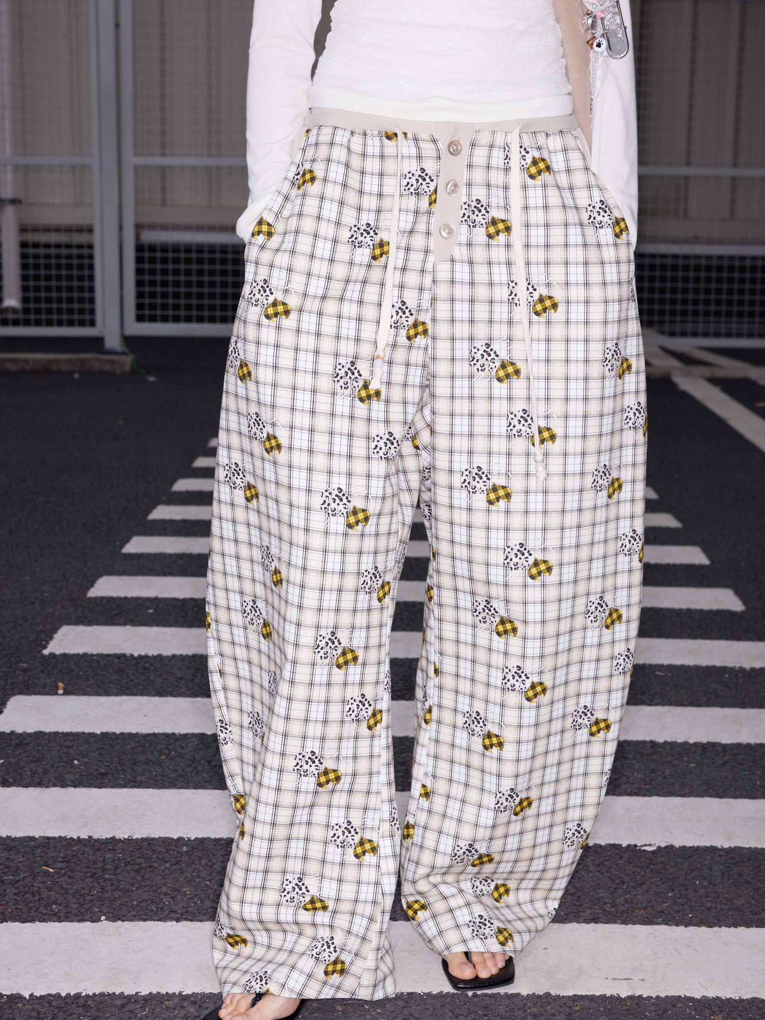 2th Desire Lyocell Embroidered Devil Heart Paw Print Checkered Beaded Trousers