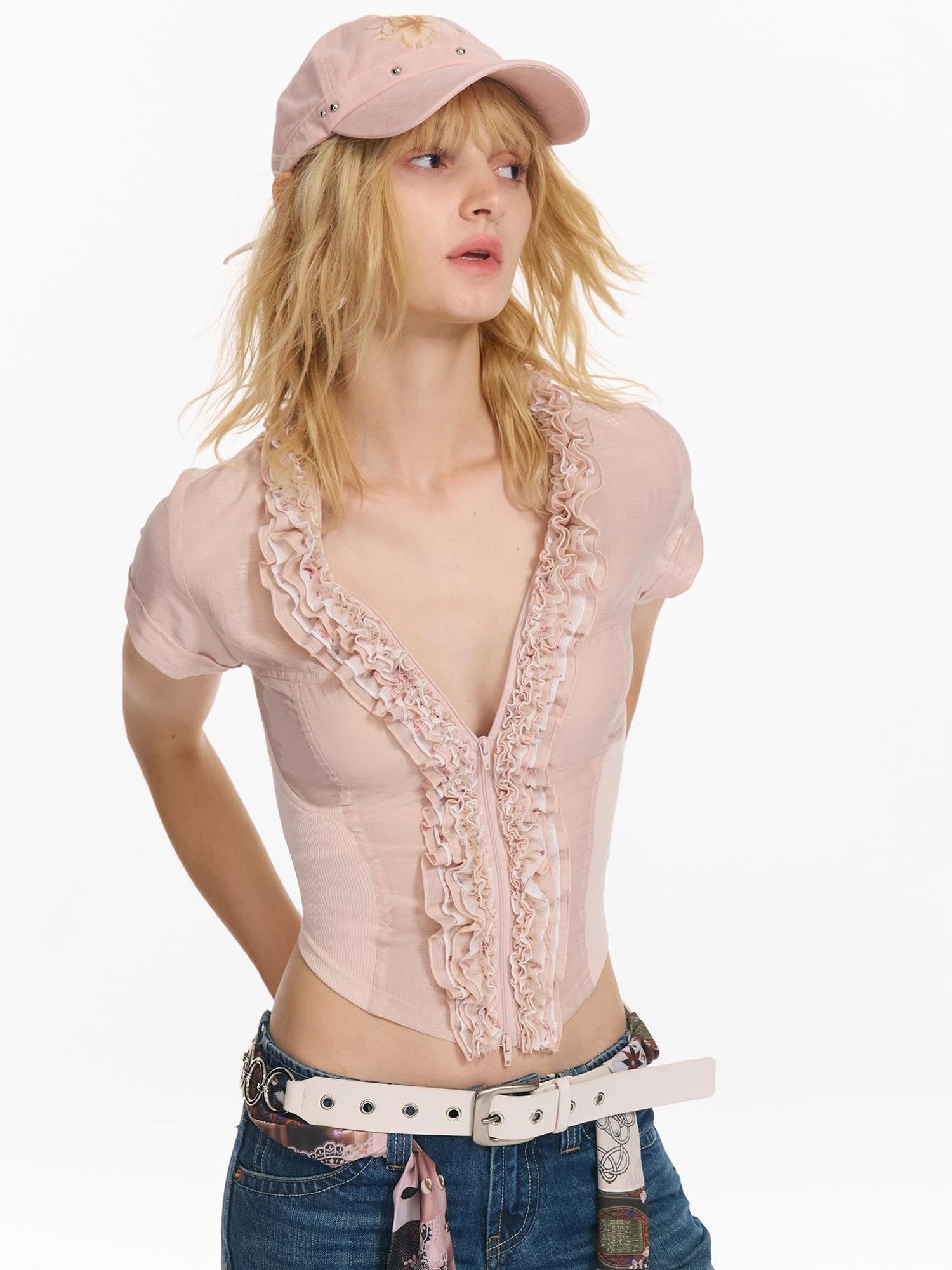 Netting Floral Patchwork Multi Layer Ruffle Shimmer Short Sleeve Shirt