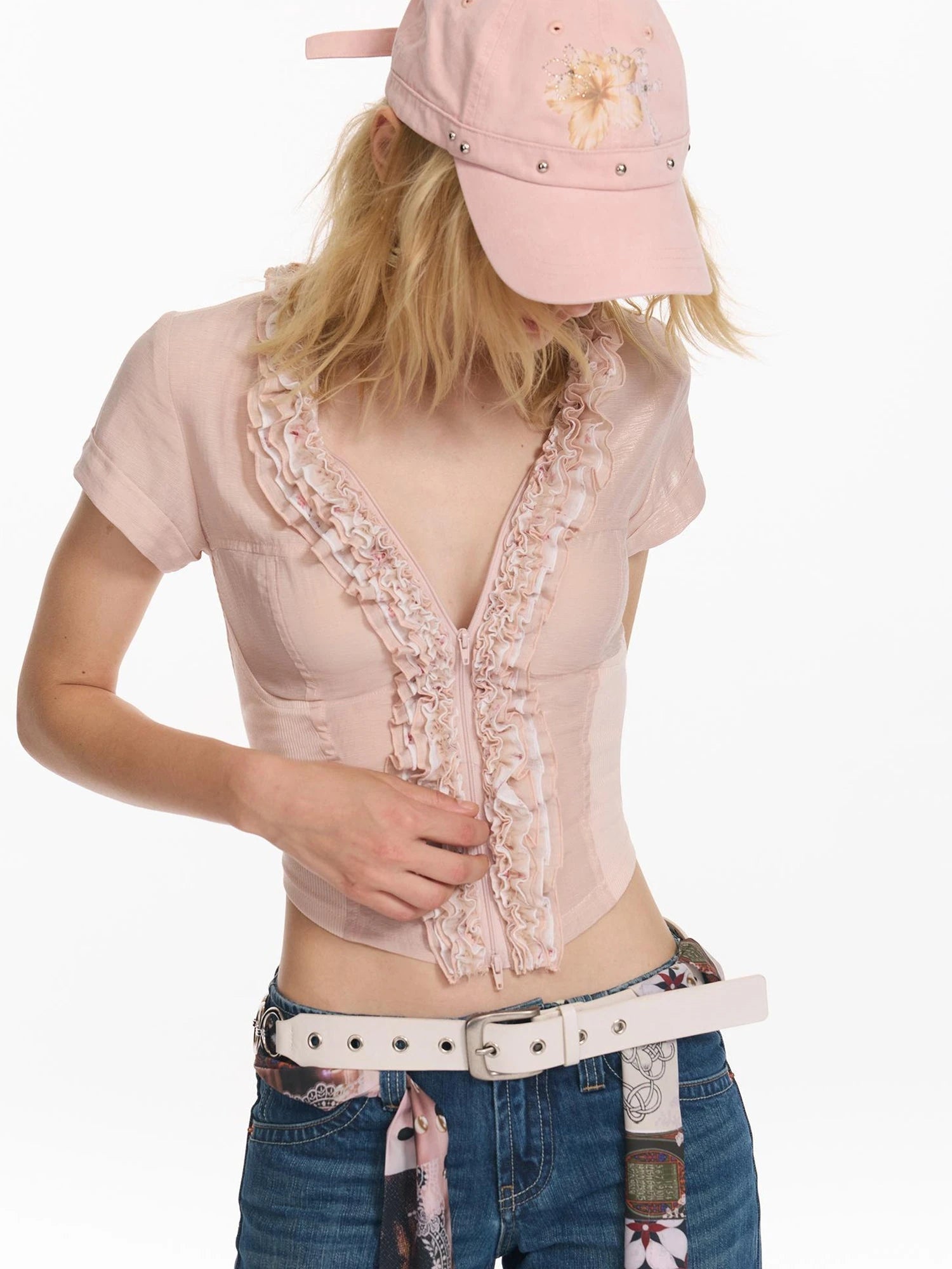 Netting Floral Patchwork Multi Layer Ruffle Shimmer Short Sleeve Shirt