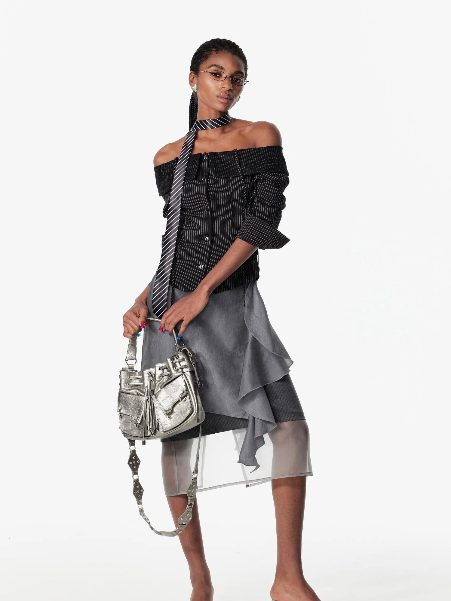 Off Shoulder Lace Trim Fitted Blouse With C Cut Back