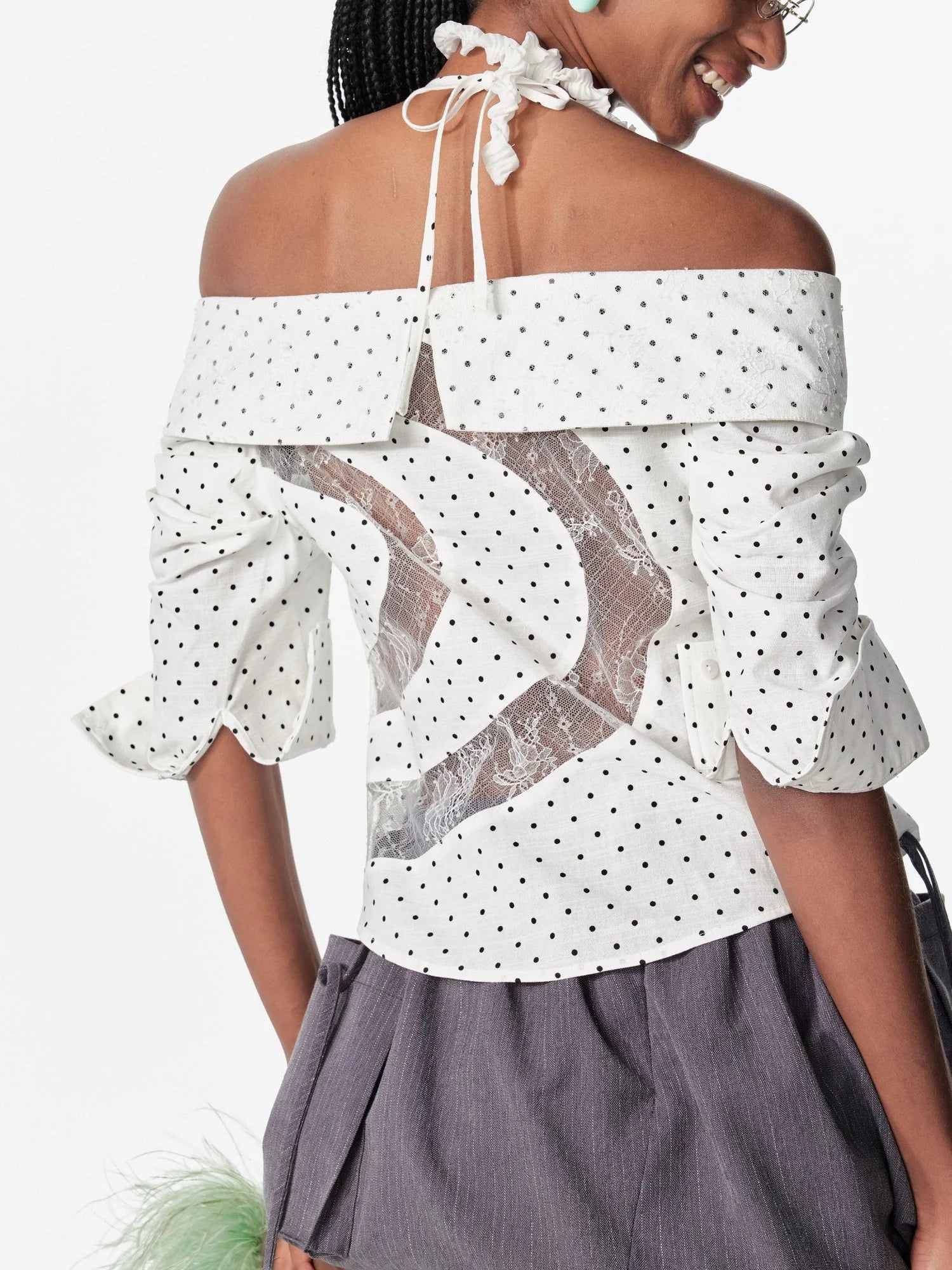 Off Shoulder Lace Trim Fitted Blouse With C Cut Back