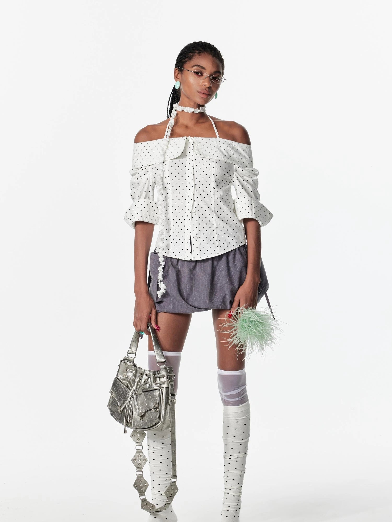 Off Shoulder Lace Trim Fitted Blouse With C Cut Back