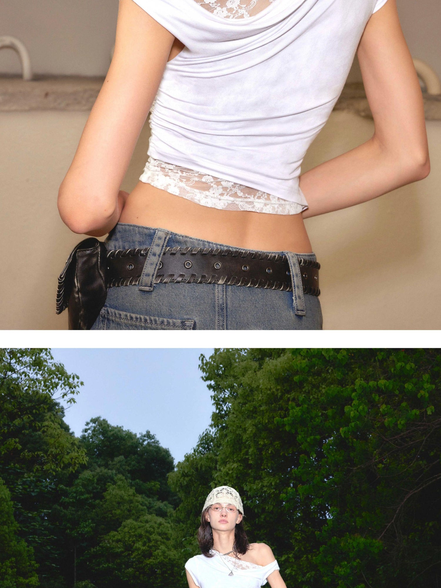 2th Desire Off Shoulder Lace Trim White Tee
