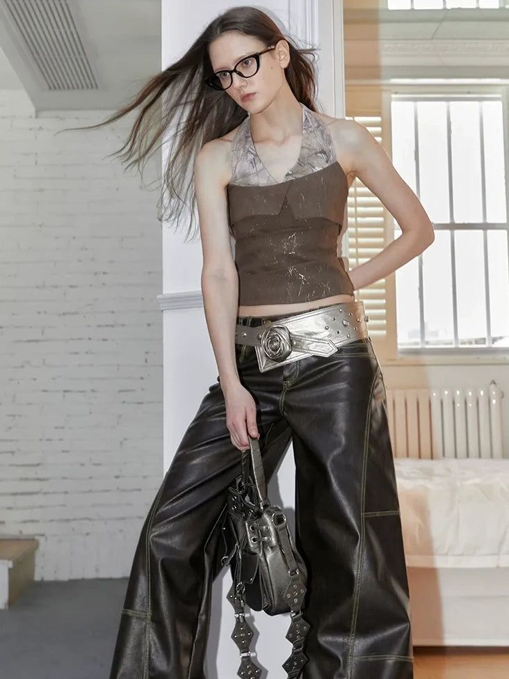 2th Desire Original Design Halter Neck Plaid Ruched Patchwork Women Regular Fit Tank Top