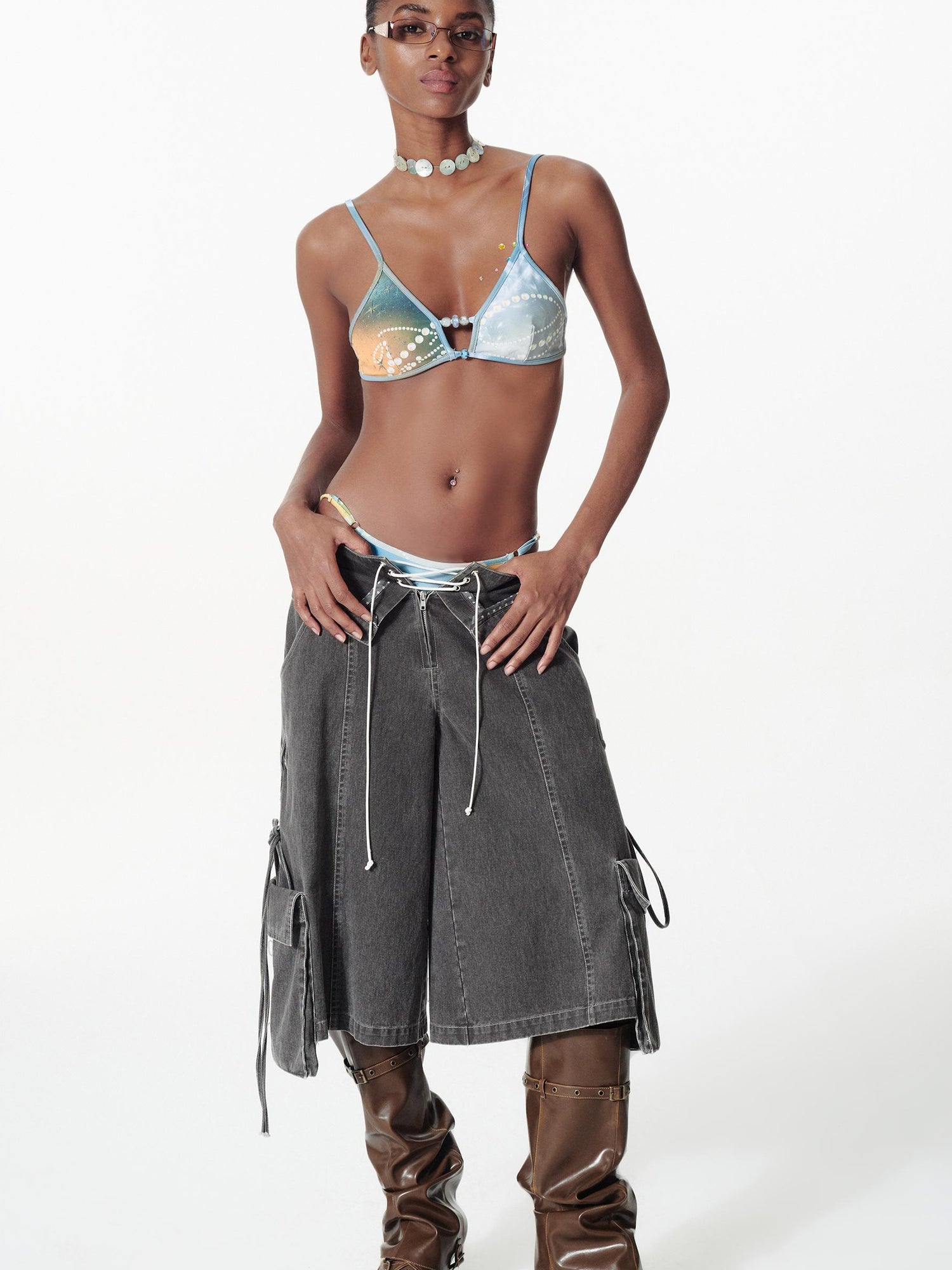 2th Desire Pearl Print Color Block Bikini Set With Beaded Straps