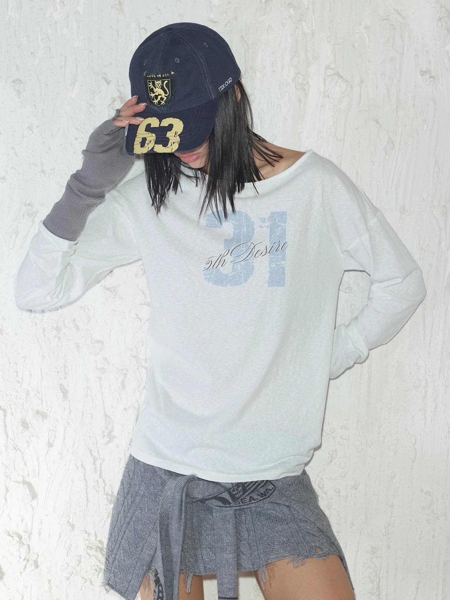 Printed Lace Trim Layered Long Sleeve Top With Distressed Floral Design