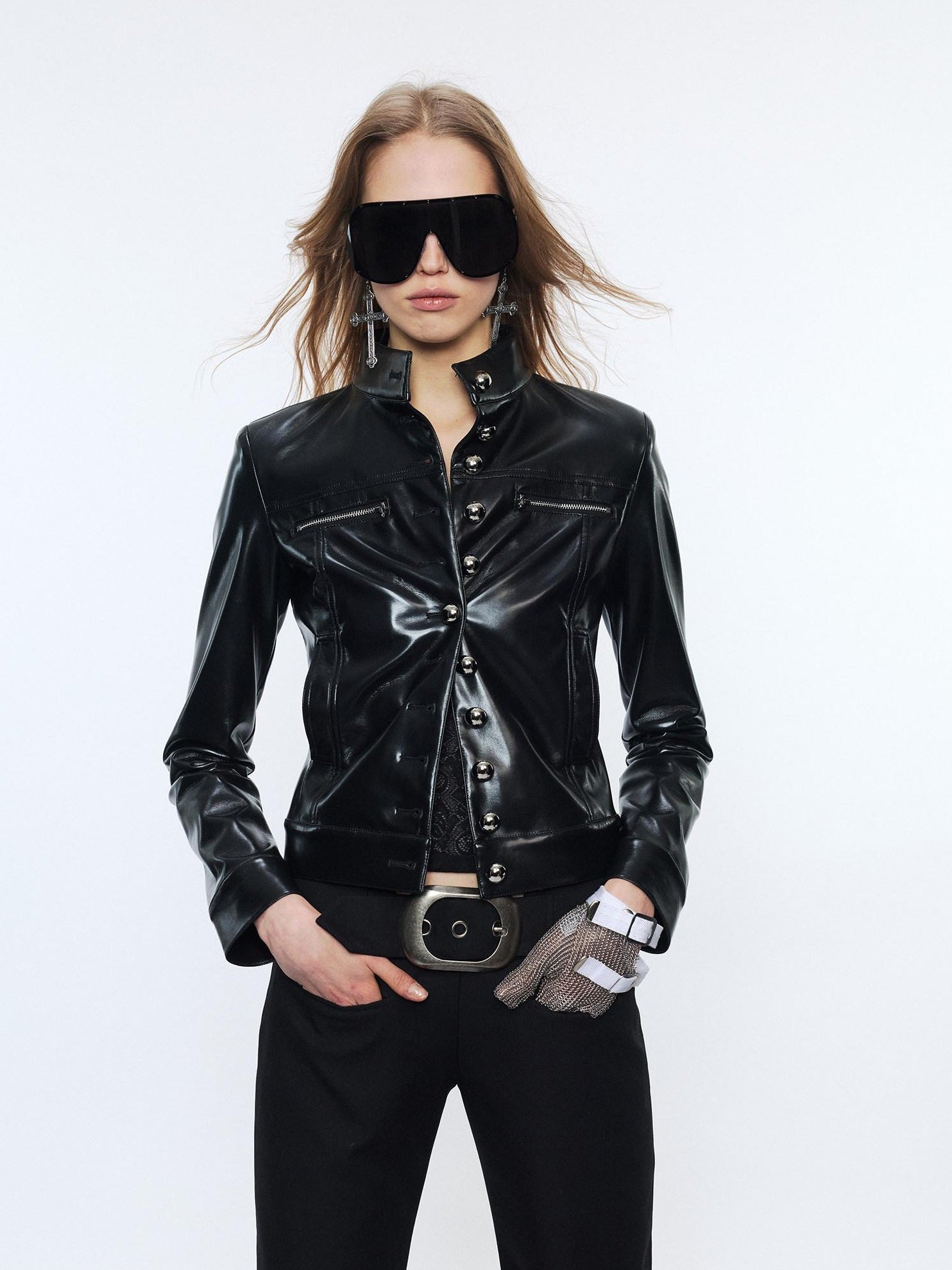 2th Desire Pu Leather Cropped Cinched Waist Zipper Women Black Green Leather Jackets