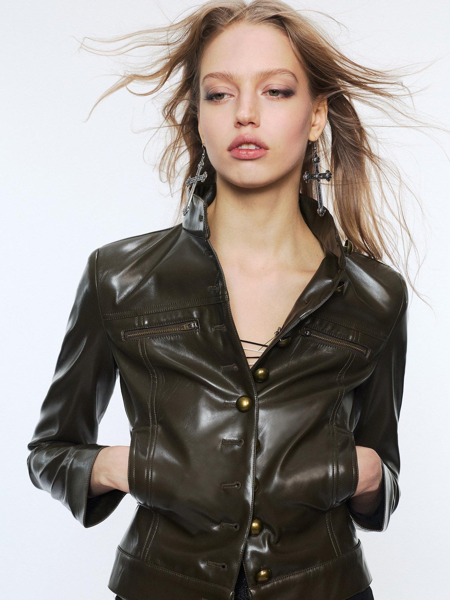 2th Desire Pu Leather Cropped Cinched Waist Zipper Women Black Green Leather Jackets