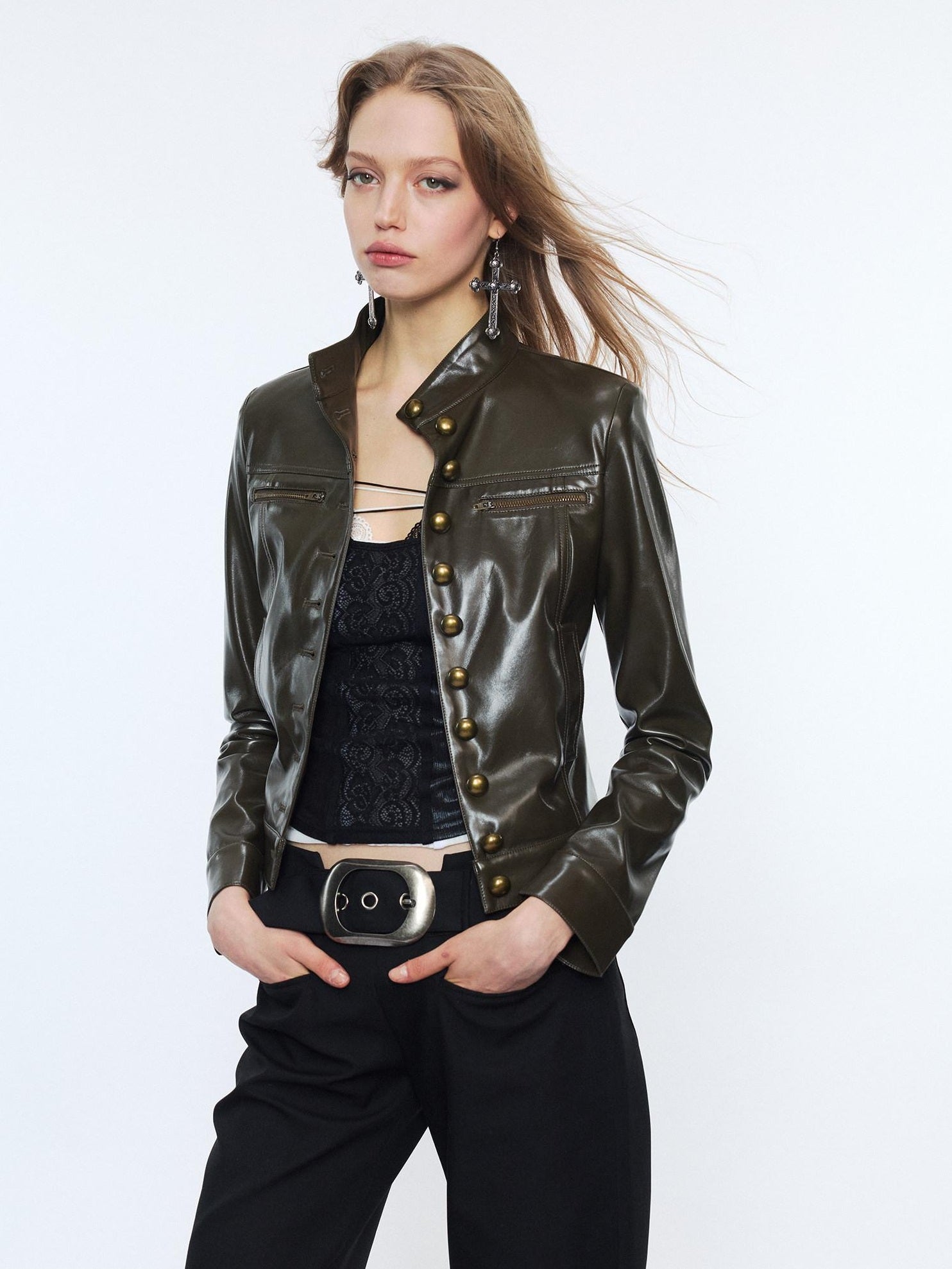 2th Desire Pu Leather Cropped Cinched Waist Zipper Women Black Green Leather Jackets