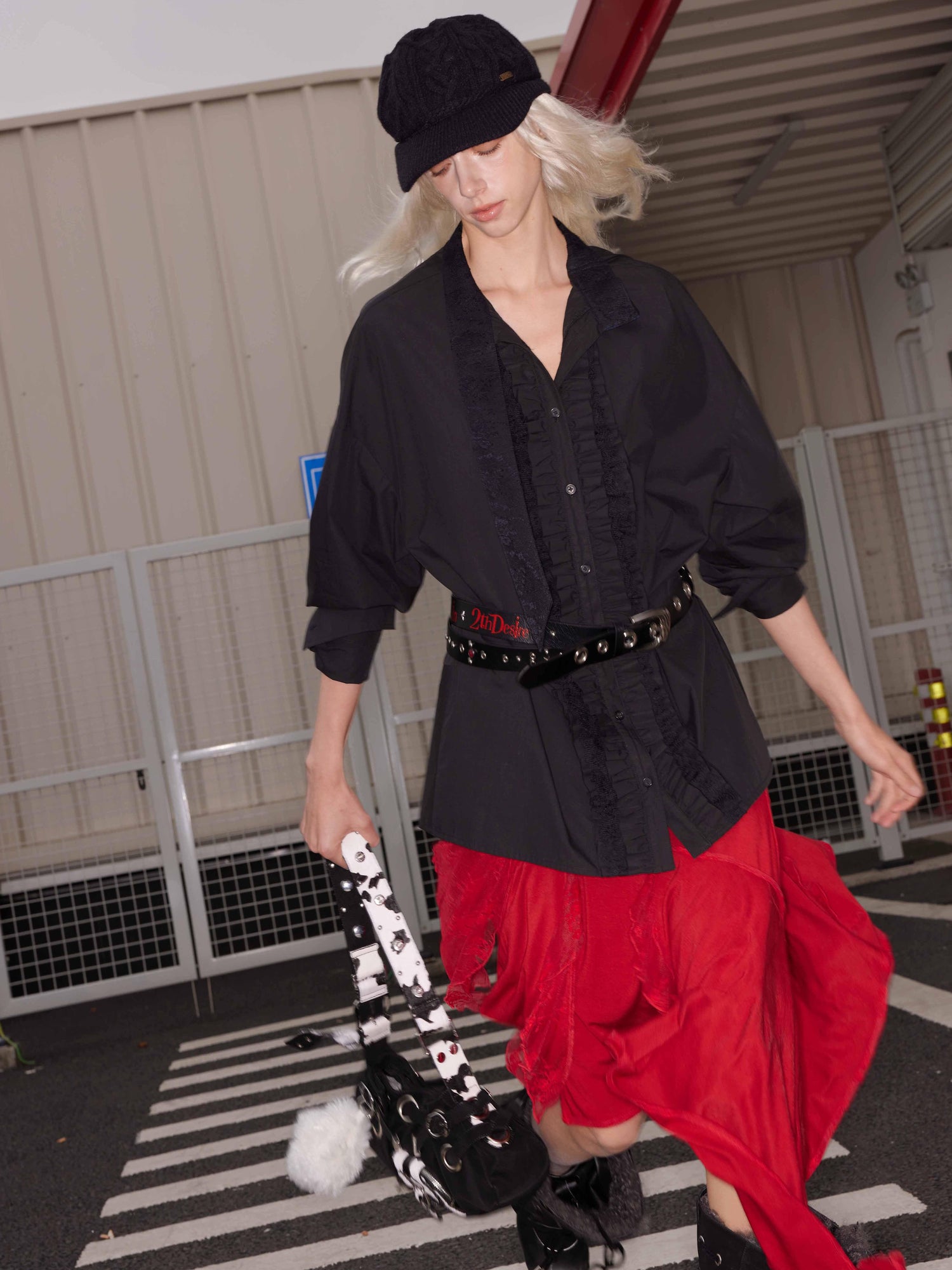 2th Desire Punk Colorblock Letter Print Suede Belt With Studs