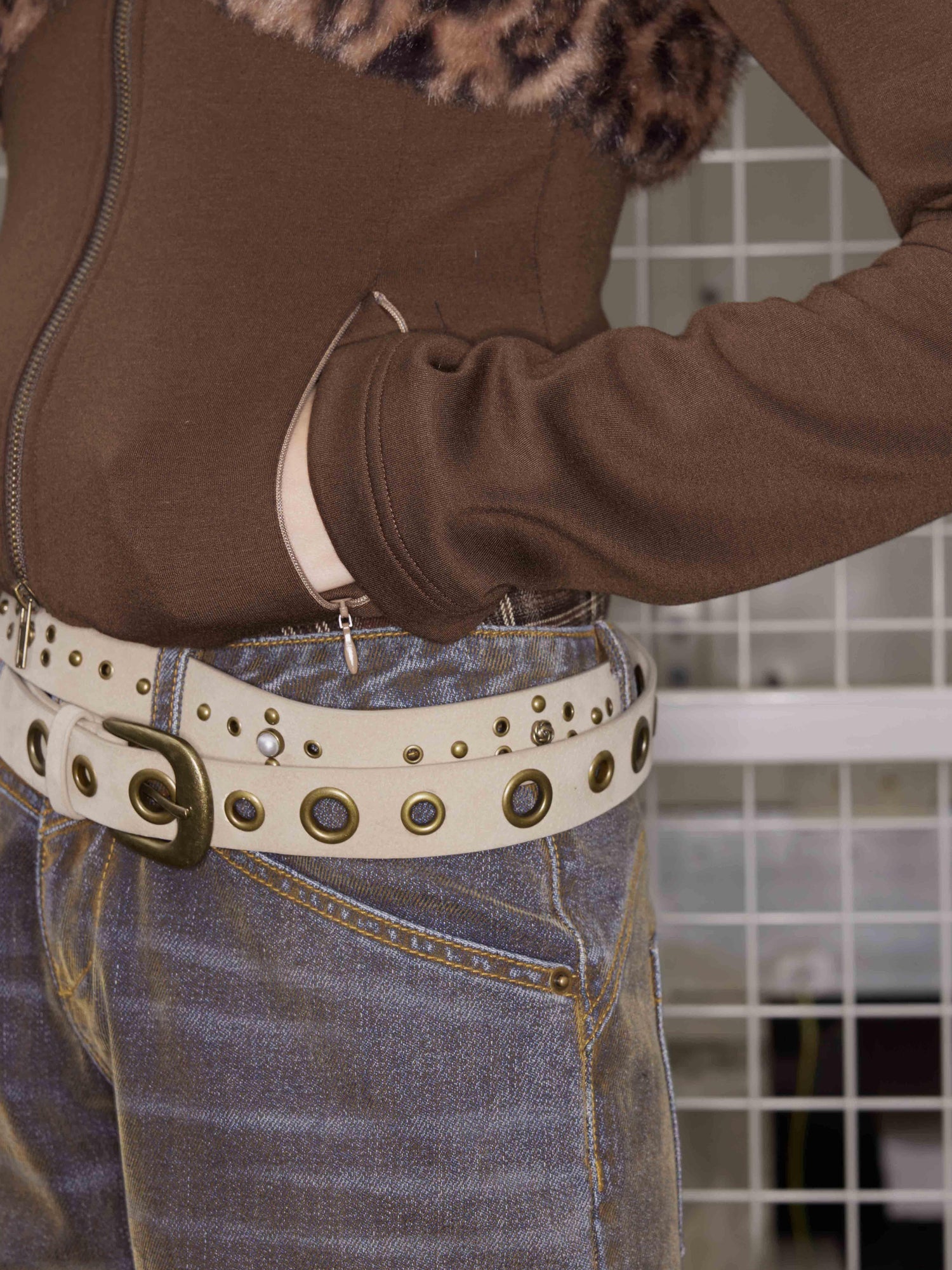2th Desire Punk Colorblock Letter Print Suede Belt With Studs