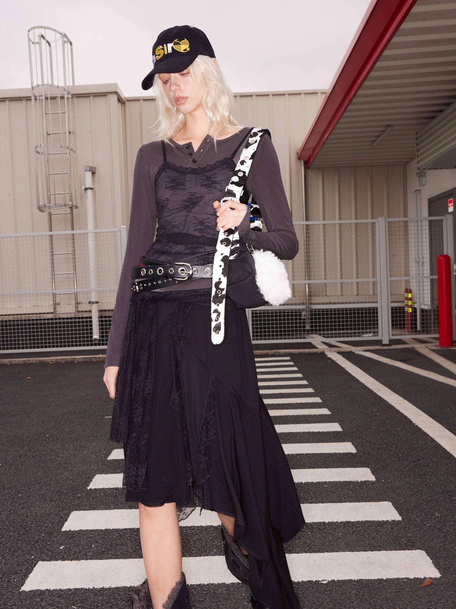 2th Desire Punk Colorblock Letter Print Suede Belt With Studs