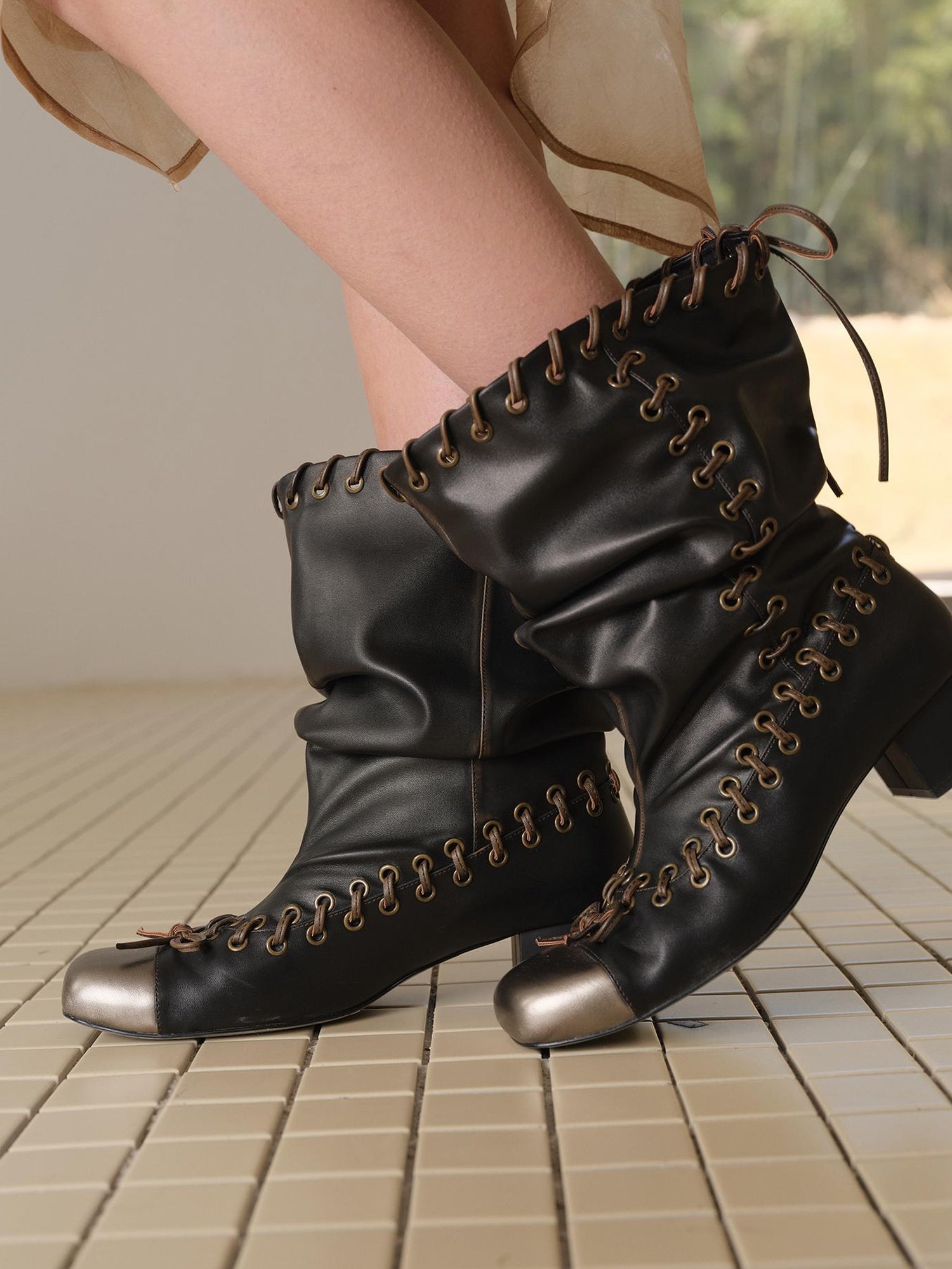 2th Desire Punk Stacked Bow Buckle Fold Mid Calf Boots
