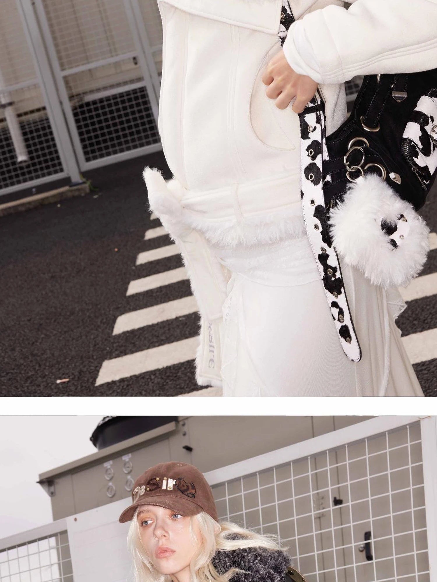 Punk Studded Horsehair Leather Crossbody Bag With Detachable Keychain