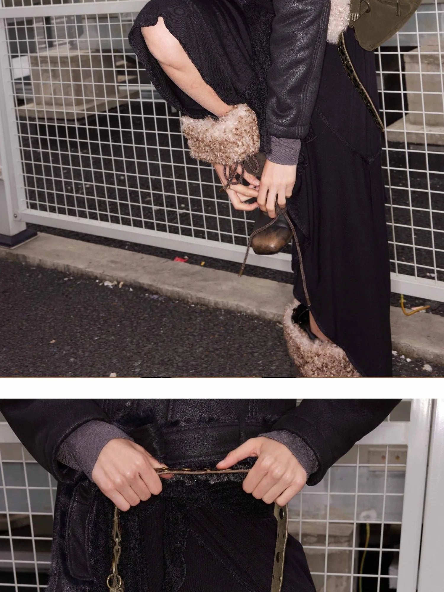 Punk Studded Horsehair Leather Crossbody Bag With Detachable Keychain