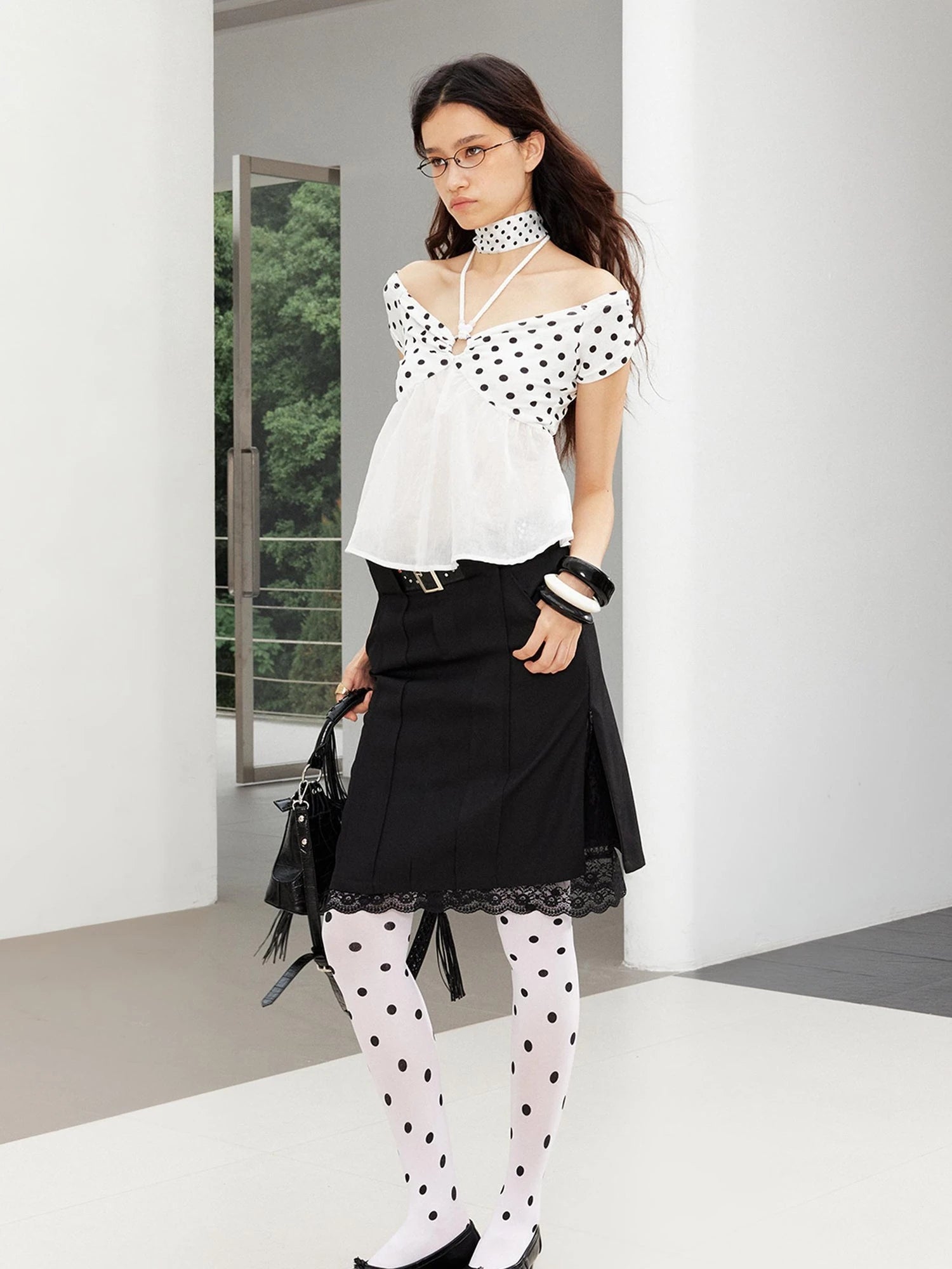 Punk Studded Leather Waist Lace Split Skirt