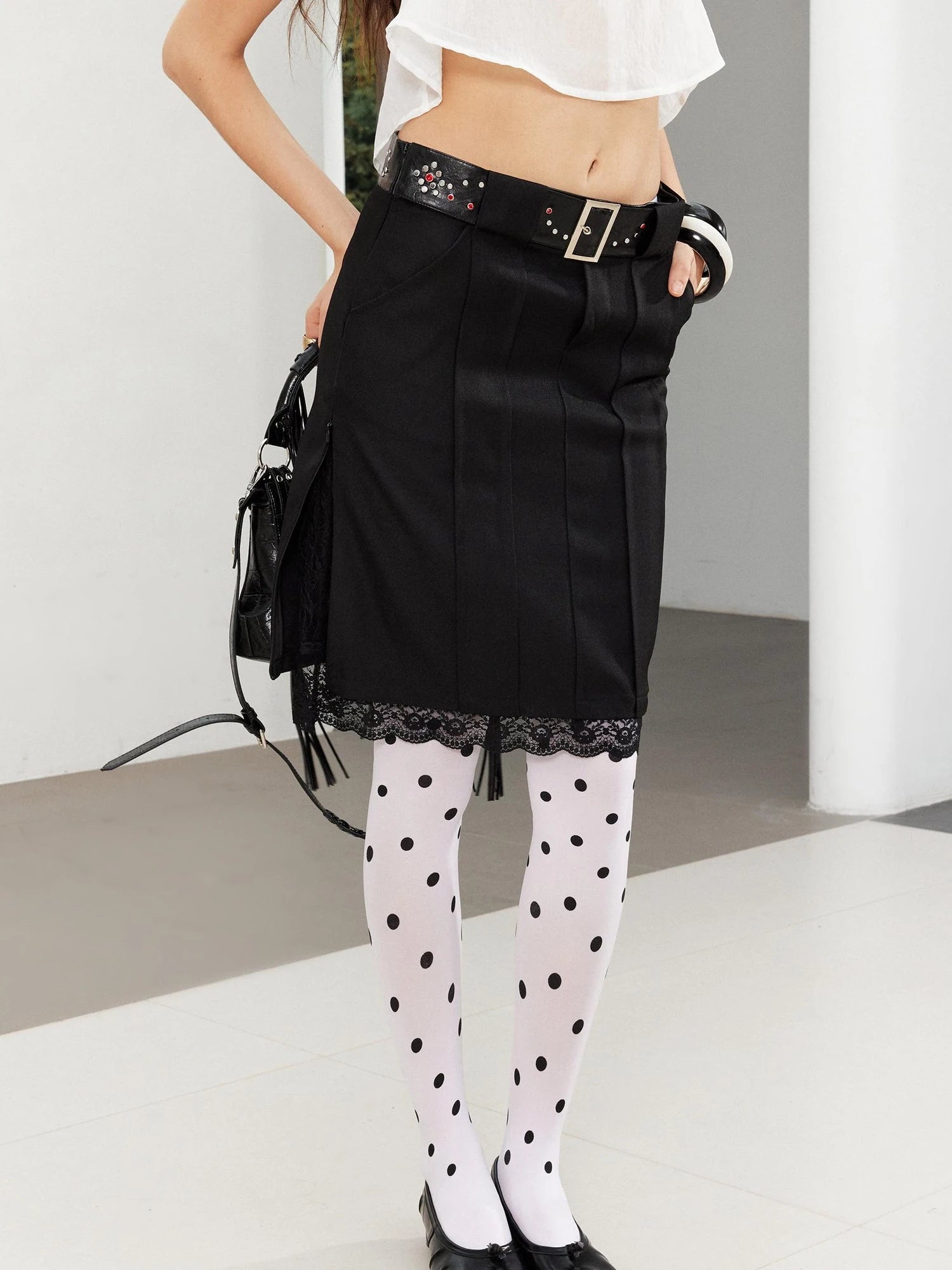 Punk Studded Leather Waist Lace Split Skirt