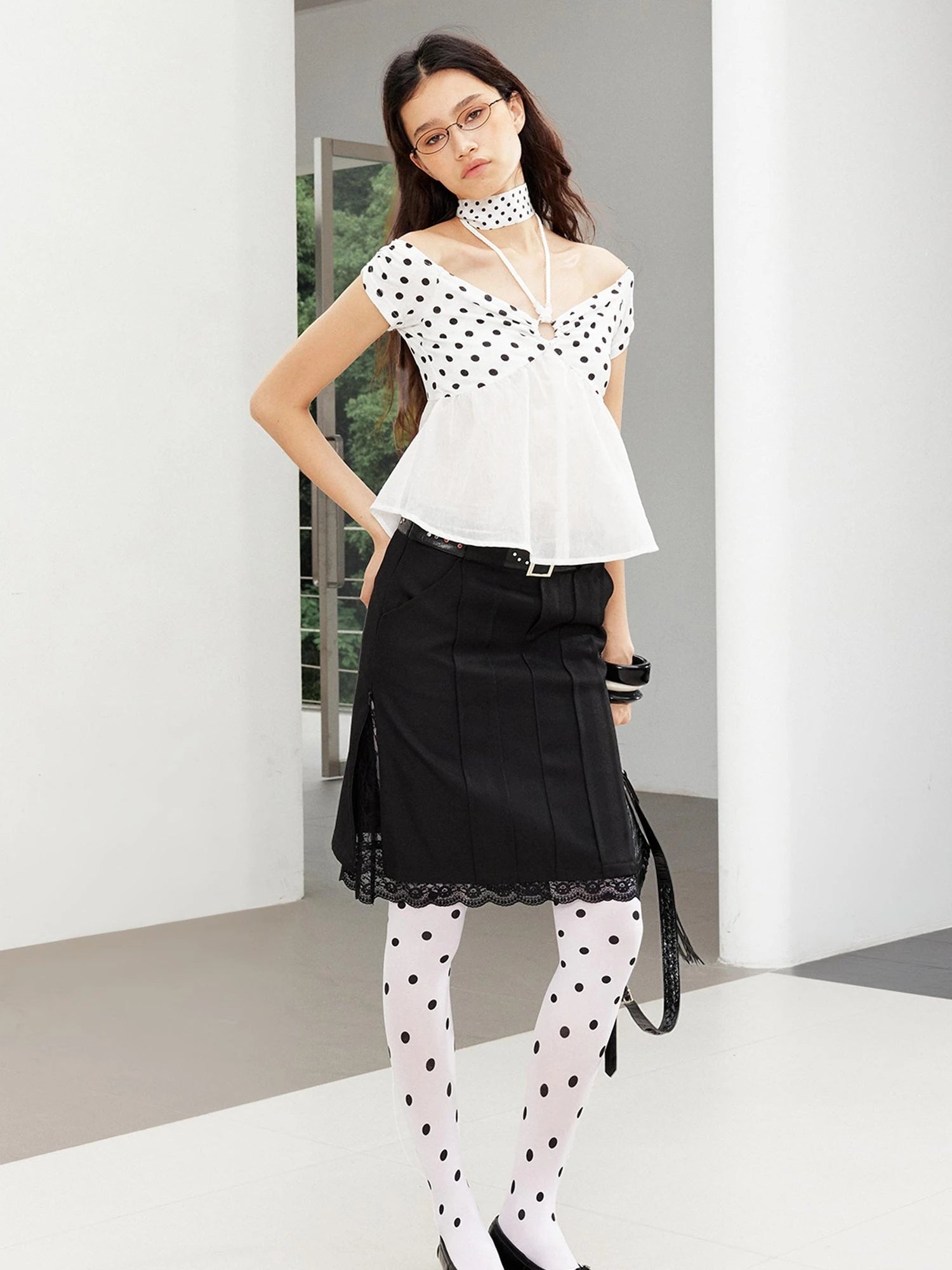 Punk Studded Leather Waist Lace Split Skirt