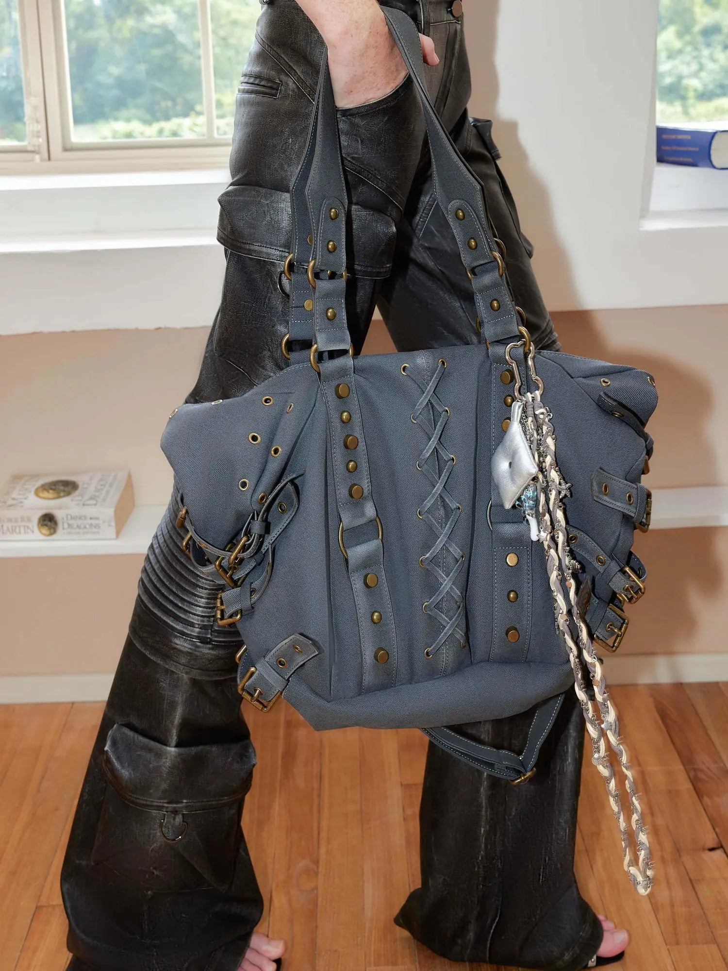 Punk Studded Strapped Large Tote Crossbody Bag