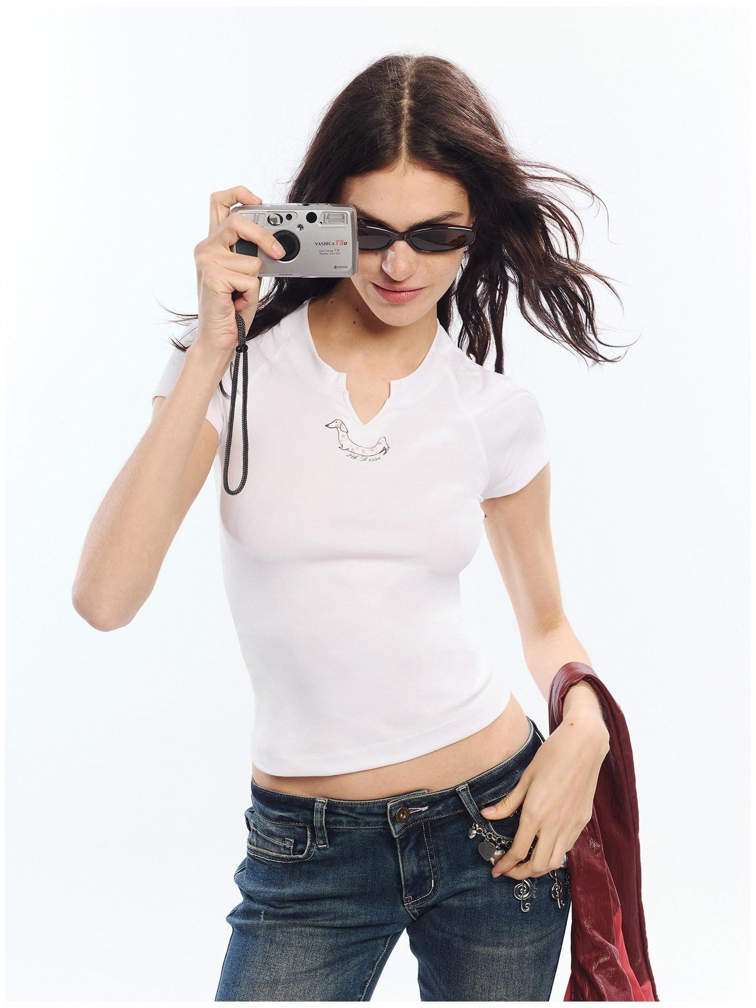 2th Desire Red White Printed V-neck Short Sleeve Women&