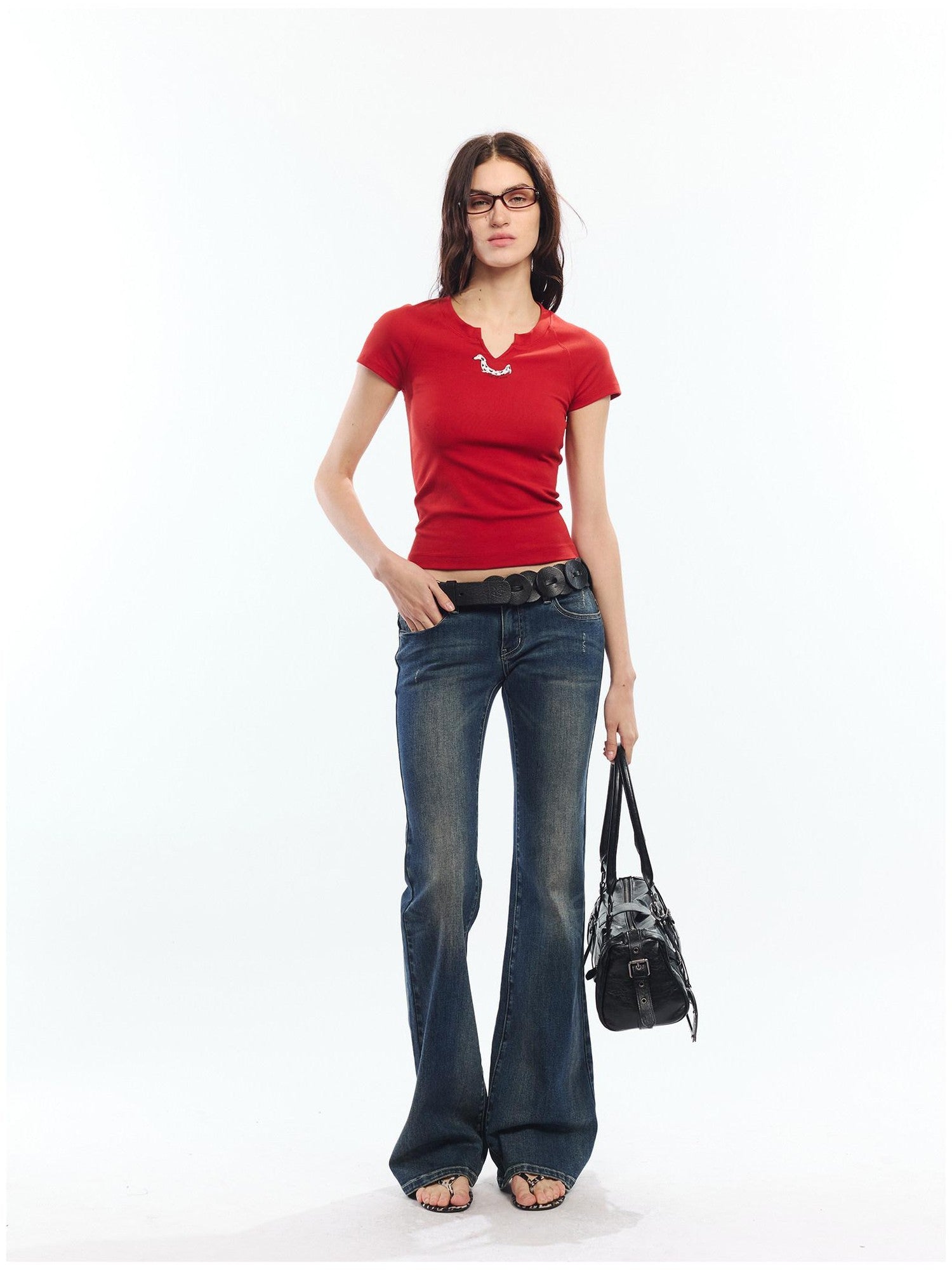 2th Desire Red White Printed V-neck Short Sleeve Women&