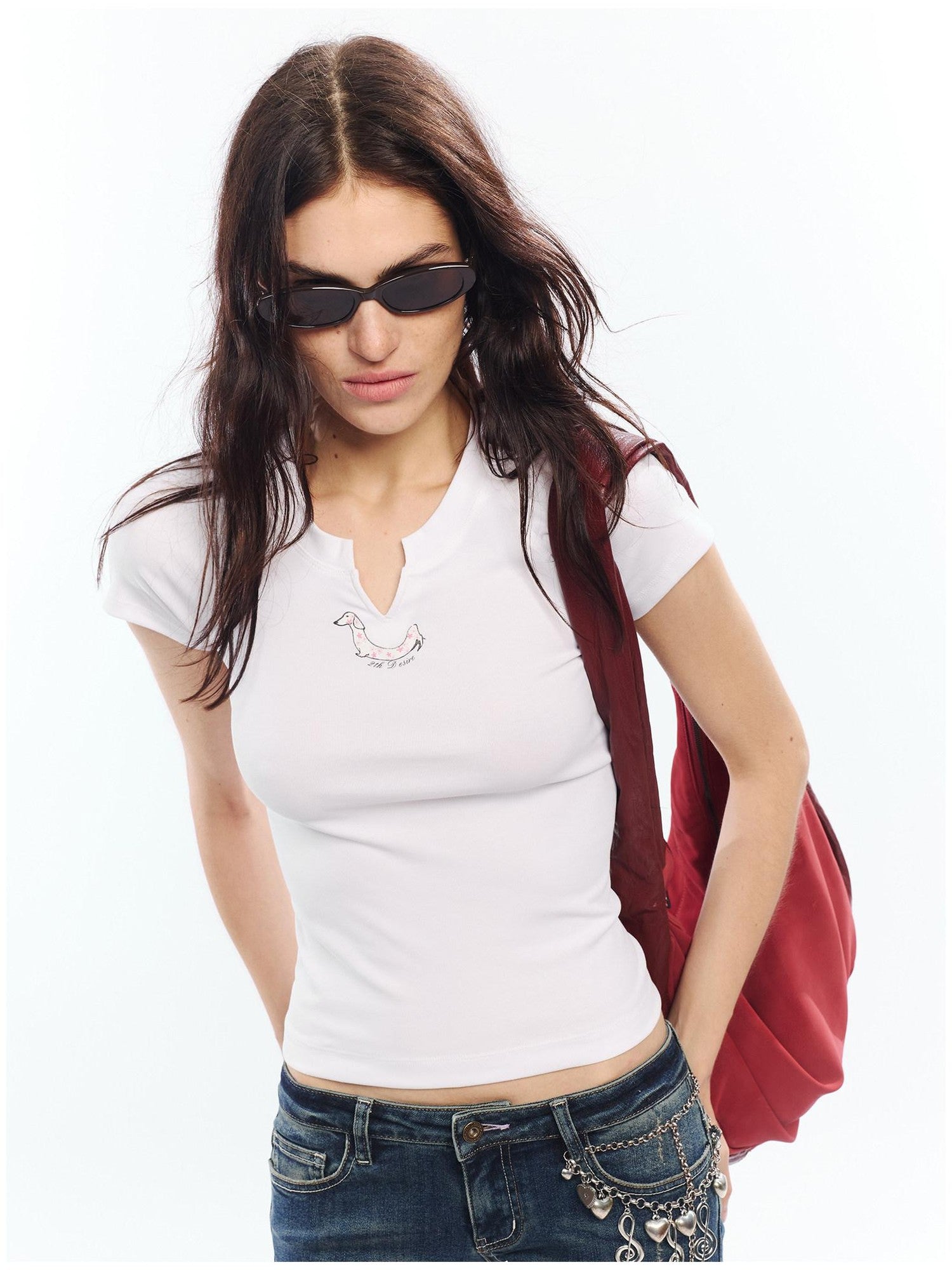 2th Desire Red White Printed V-neck Short Sleeve Women&