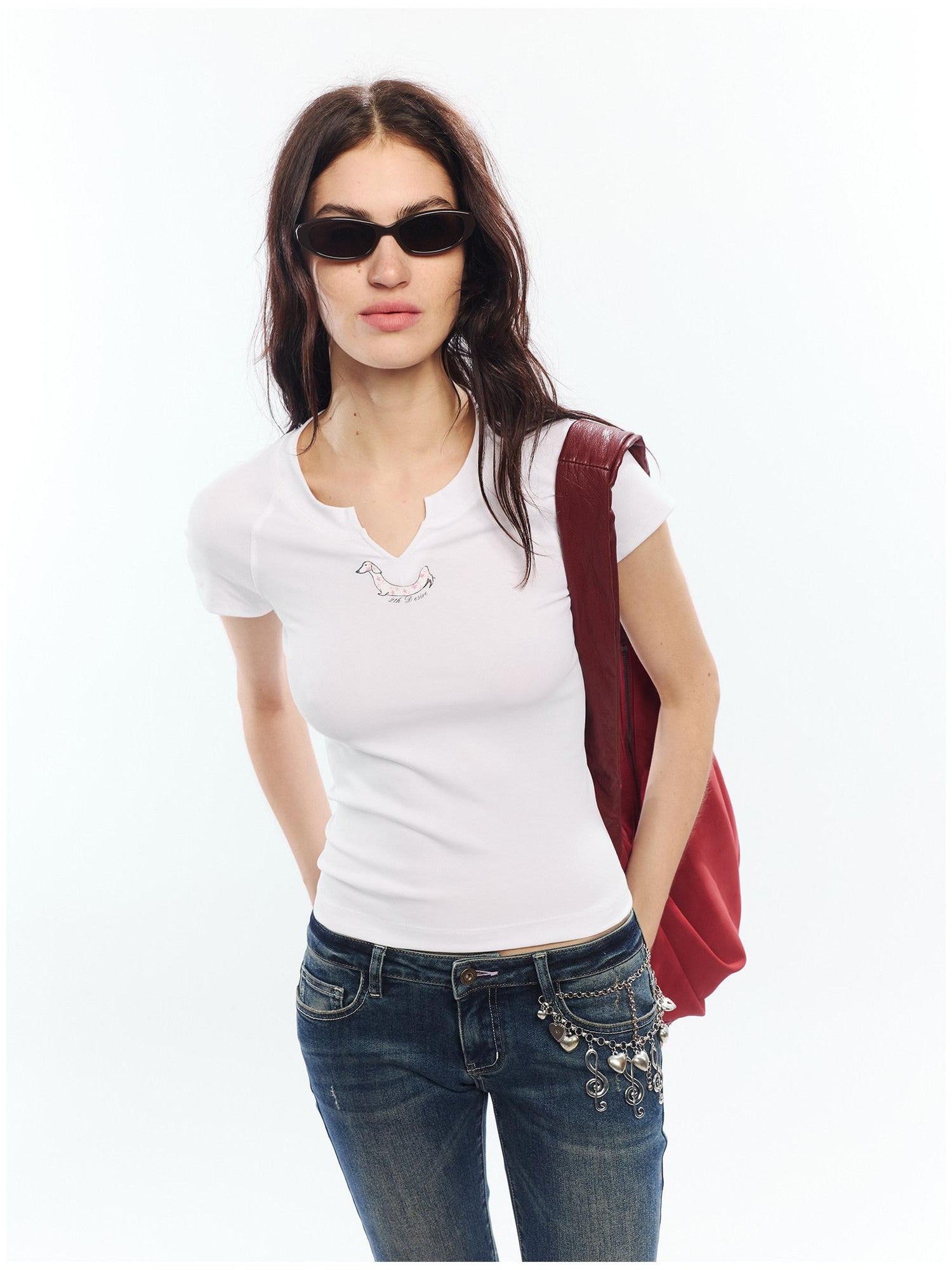 2th Desire Red White Printed V-neck Short Sleeve Women&