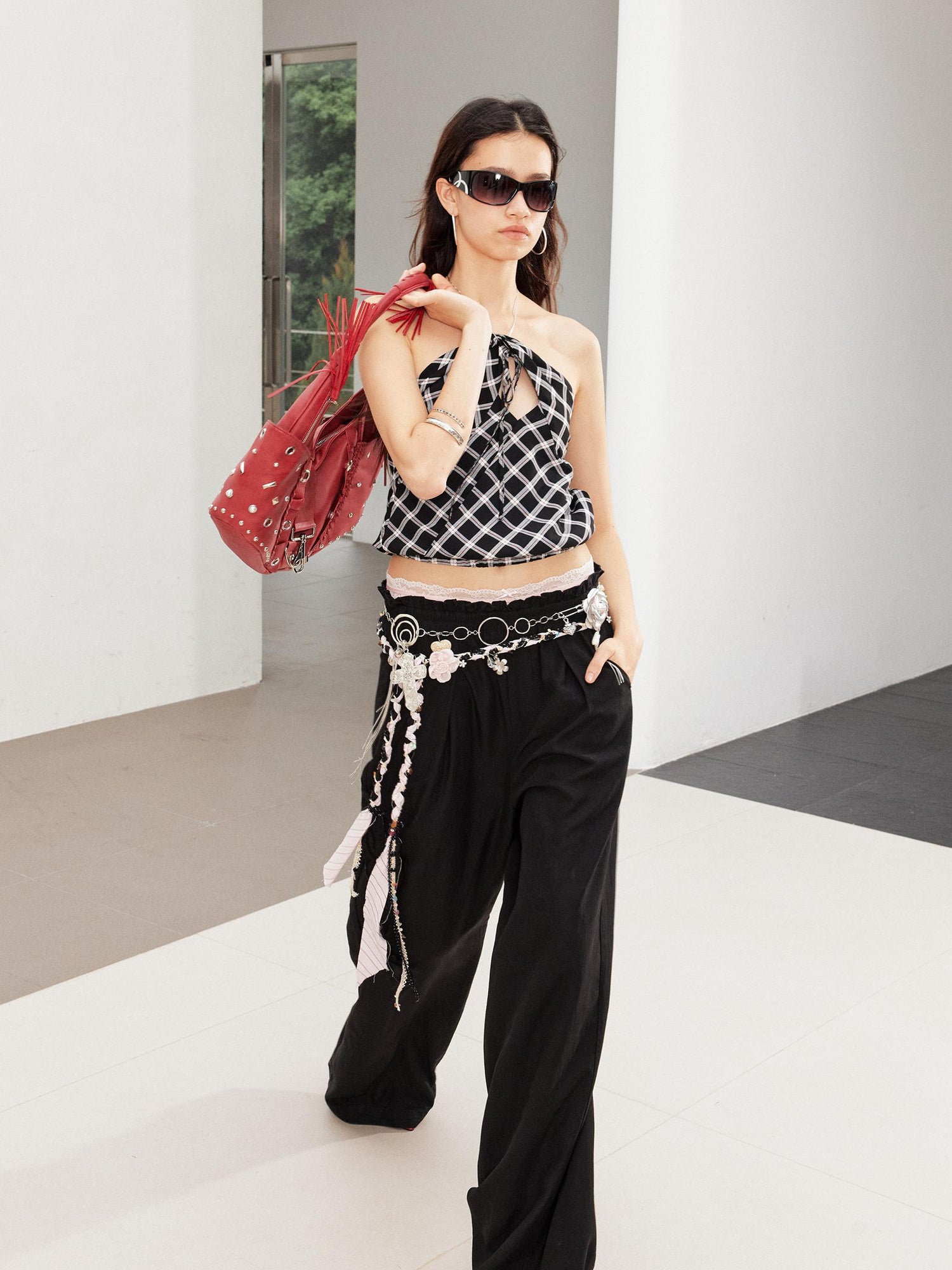 2th Desire Relaxed Linen Pants With Vintage Lace Trim Waistband