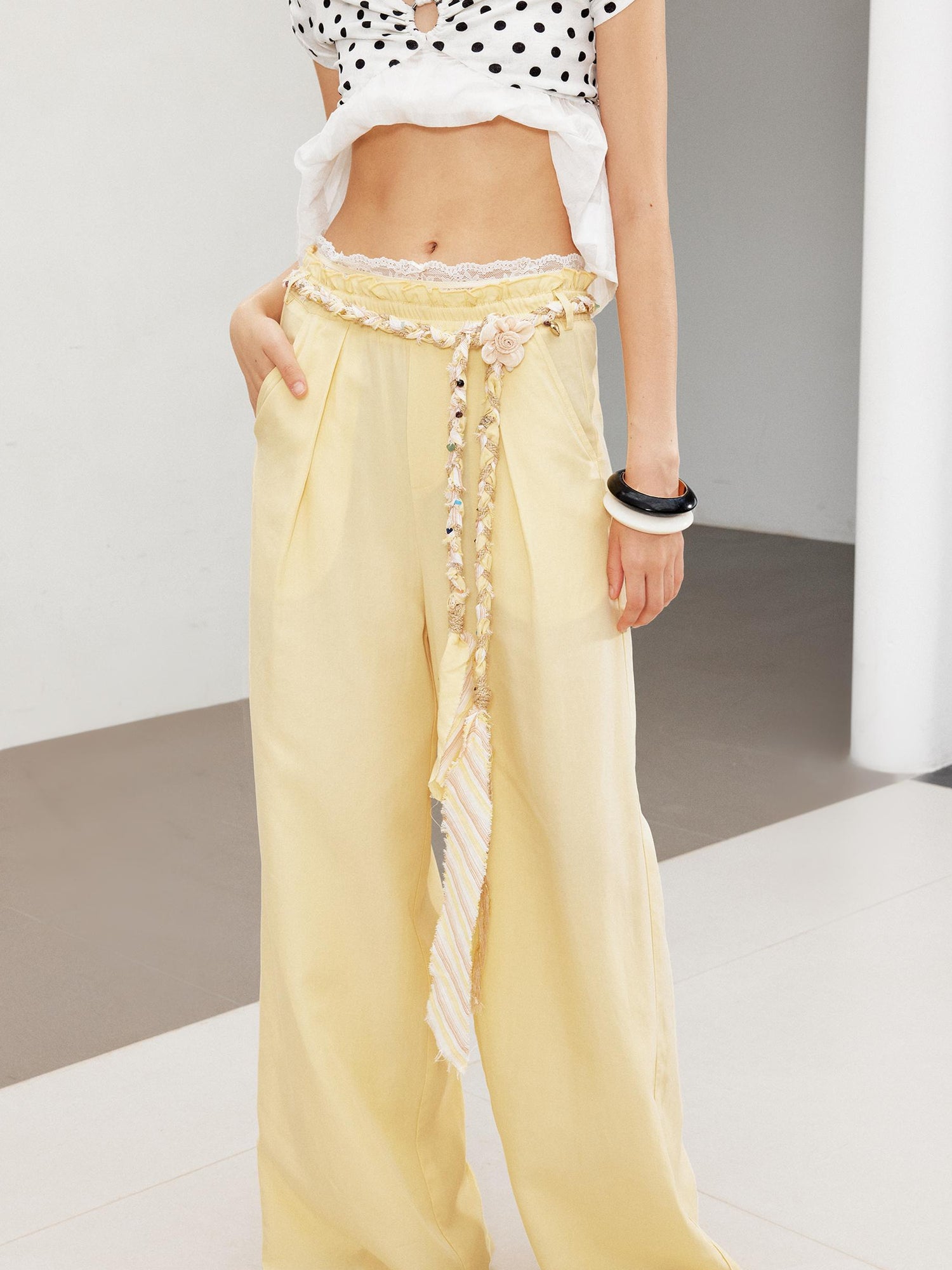 2th Desire Relaxed Linen Pants With Vintage Lace Trim Waistband