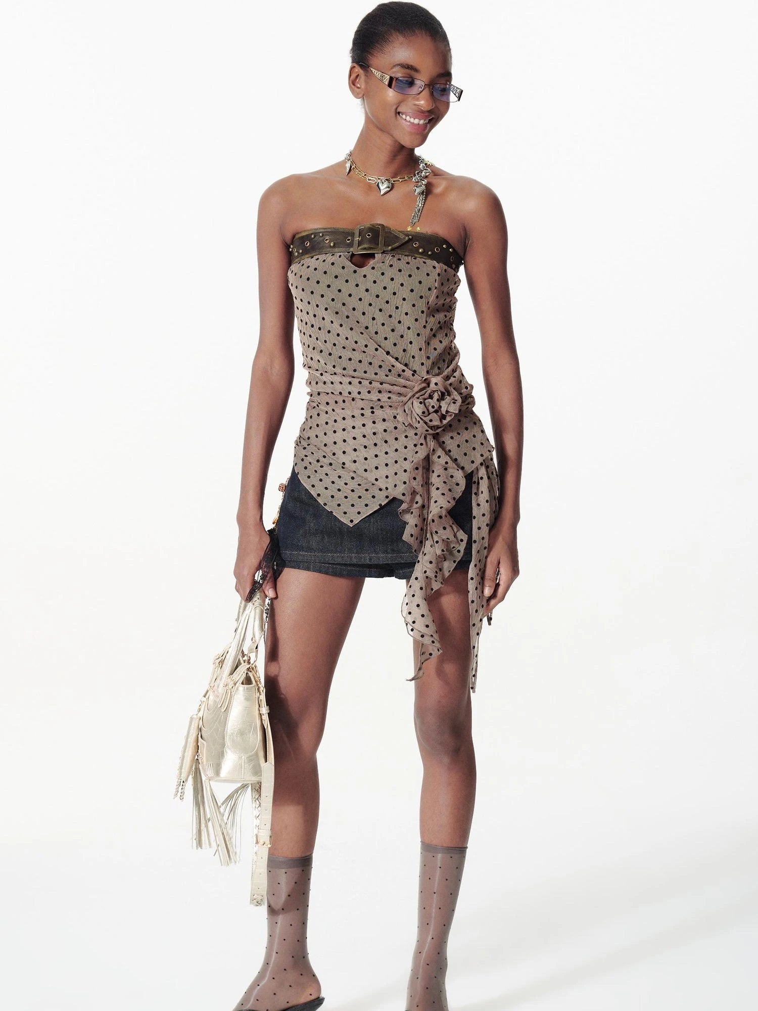 Removable Rose Floral Lace Peplum Studded Bustier Top