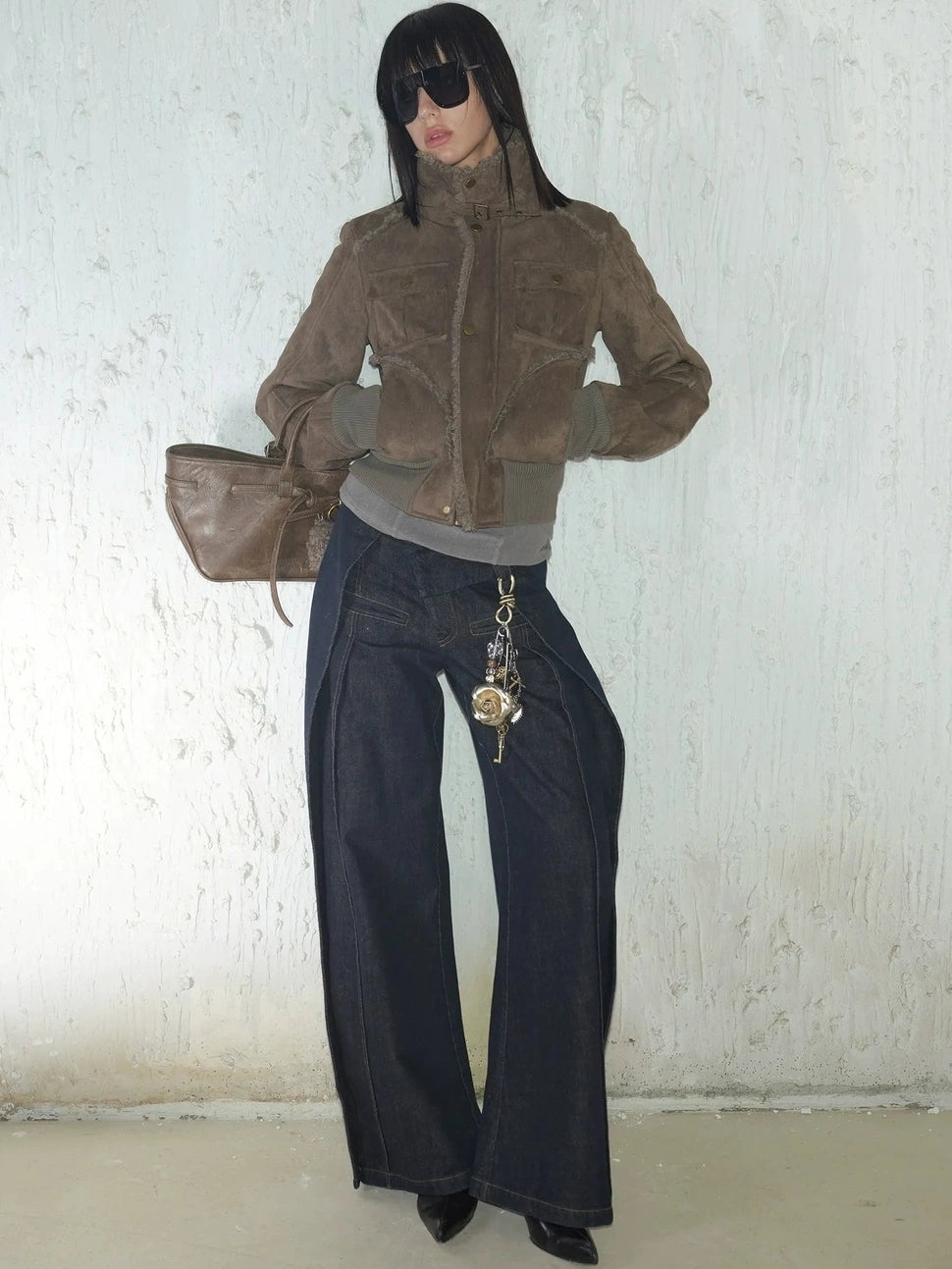 2th Desire Retro Fur Trim Ribbed Stand Collar Short Jacket Jacket