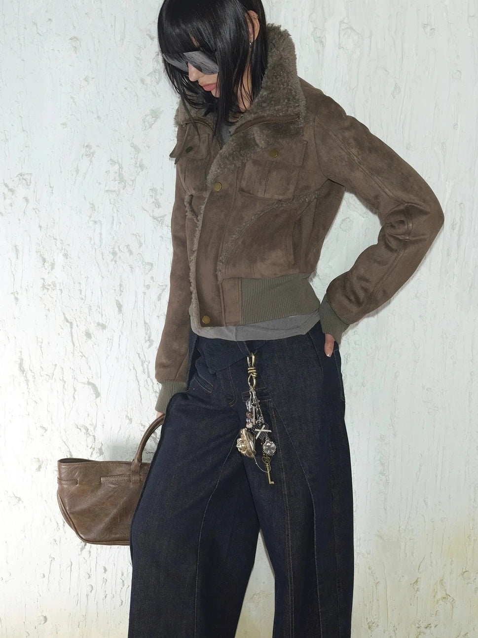 2th Desire Retro Fur Trim Ribbed Stand Collar Short Jacket Jacket