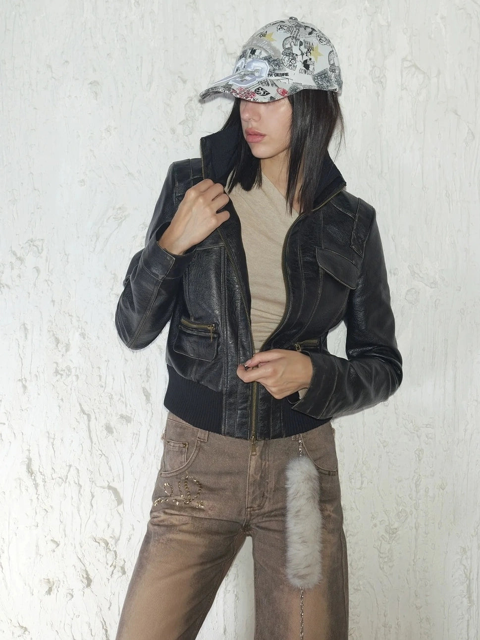 2th Desire Retro Rock Baseball Cap With Leopard Print And Newspaper Pattern