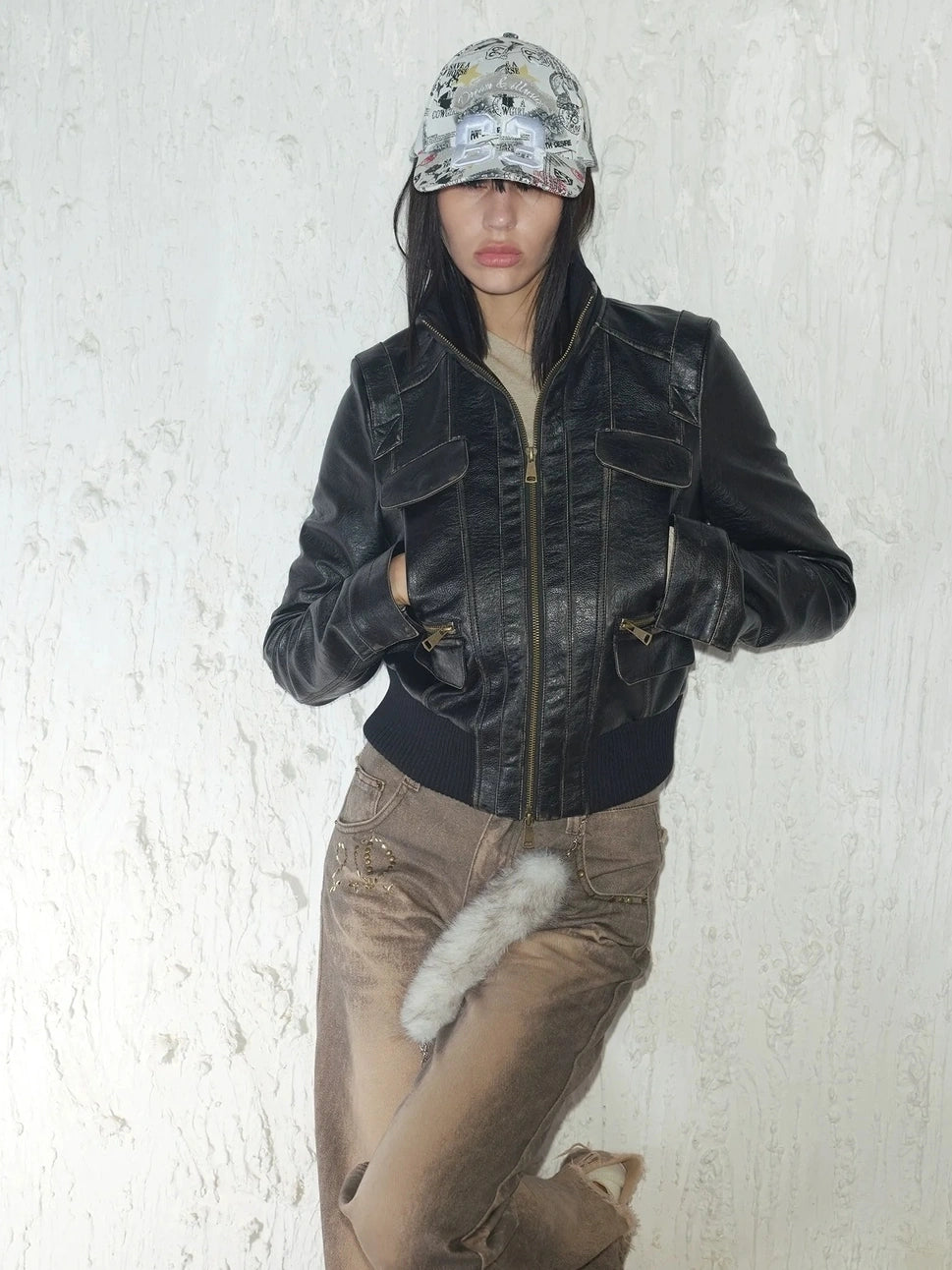 2th Desire Retro Rock Baseball Cap With Leopard Print And Newspaper Pattern