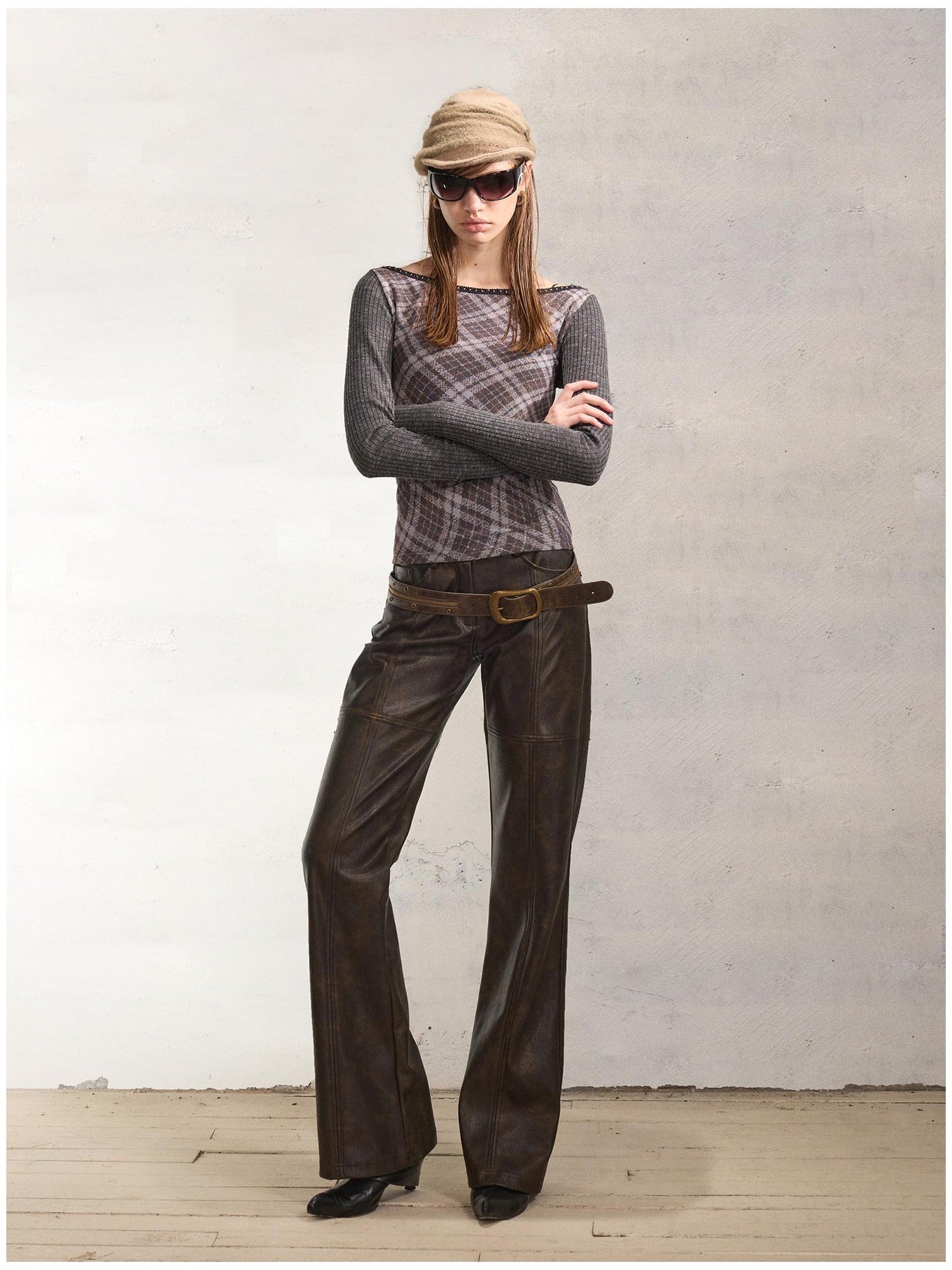2th Desire Reversible Vintage Slim Fit Printed Crop Women Gray Black Long Sleeve T-Shirts