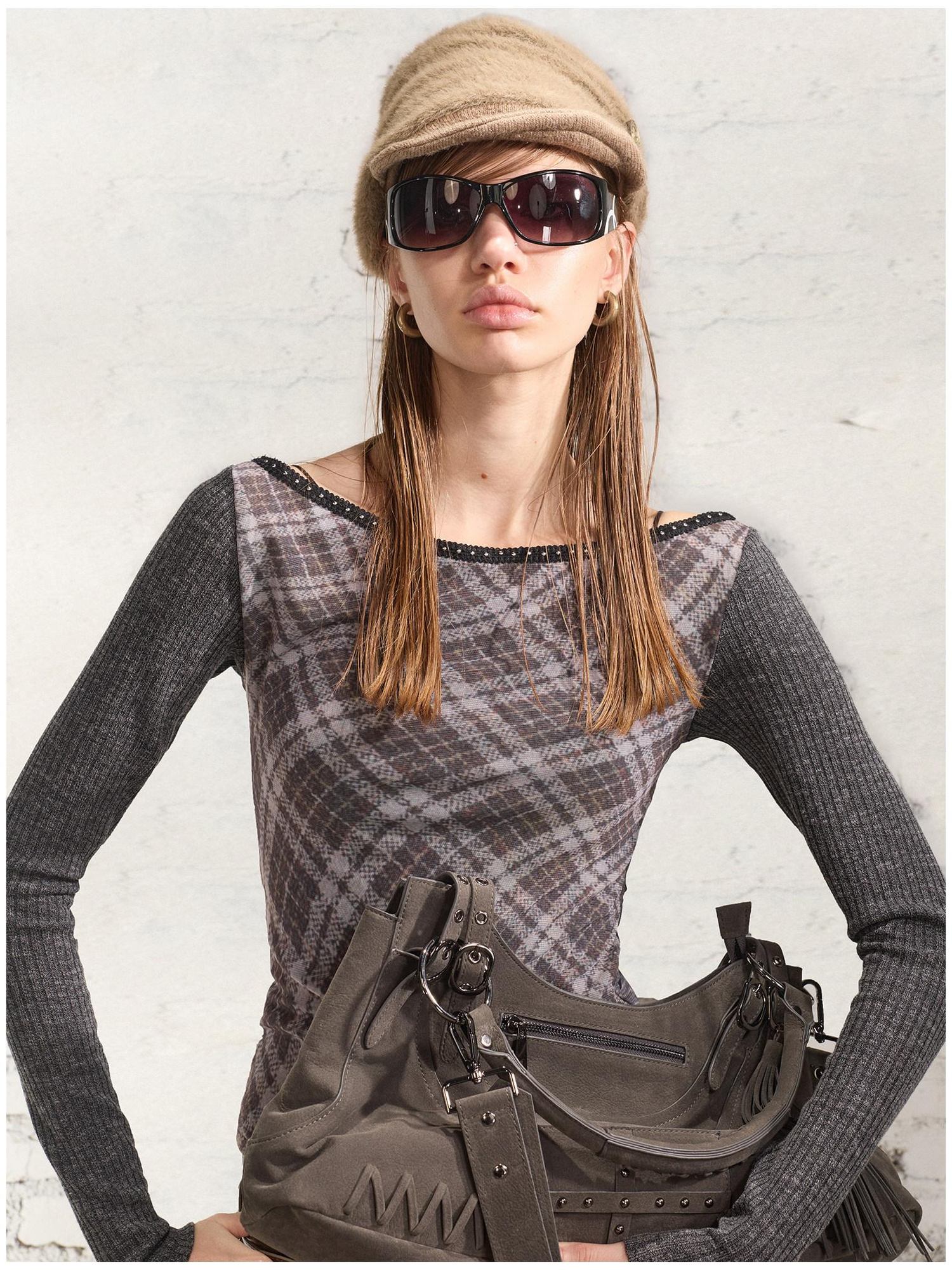 2th Desire Reversible Vintage Slim Fit Printed Crop Women Gray Black Long Sleeve T-Shirts