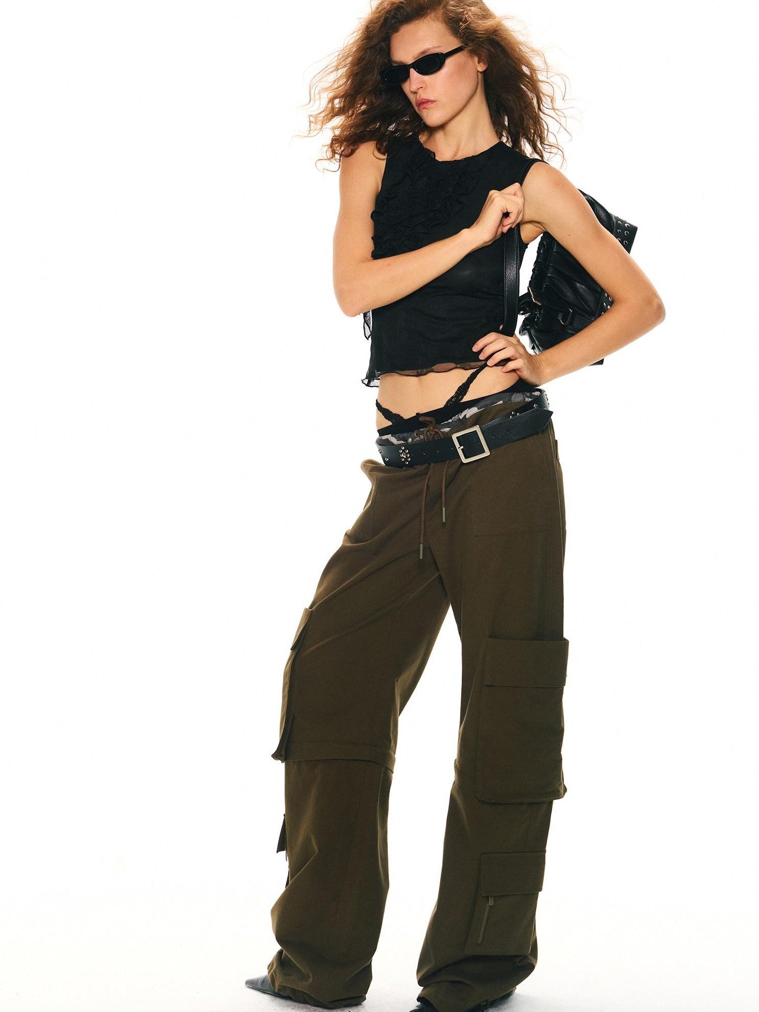 2th Desire Ruffle Edge Double Layer Lace Halter Slim Fit Women&