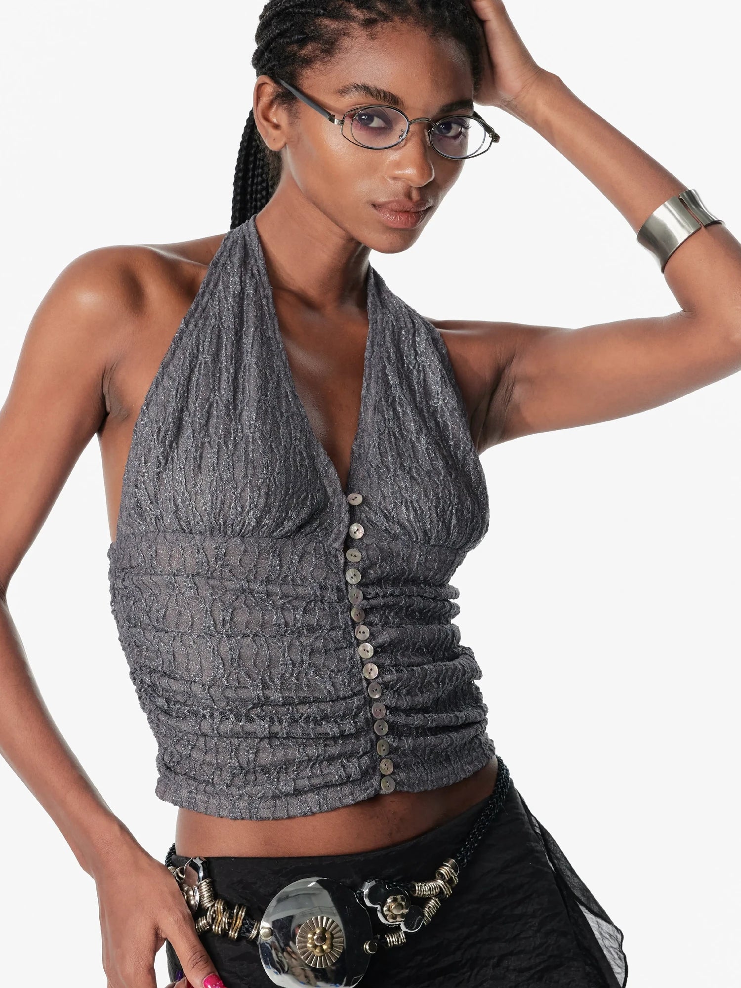 2th Desire Sequin Halter Cropped Slim Fit Ruched Button Front Streetwear Women Tank Top