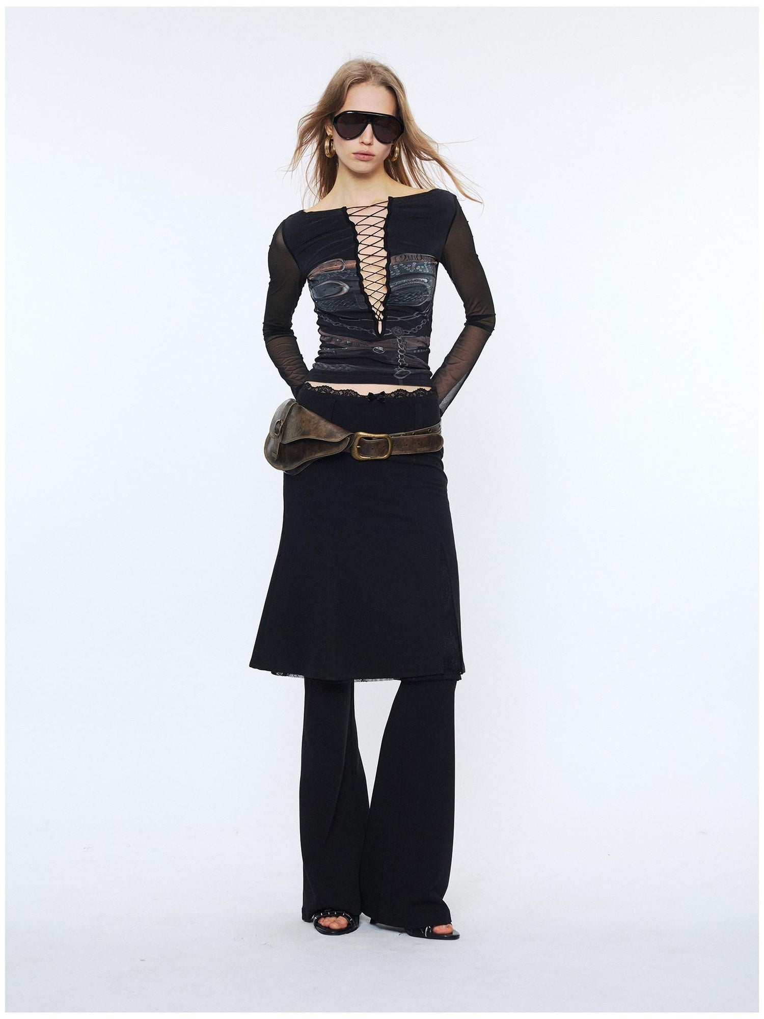 2th Desire Sexy Mesh Splice V-neck Crop Slim Tie Front For Women Print Long Sleeve T-Shirts